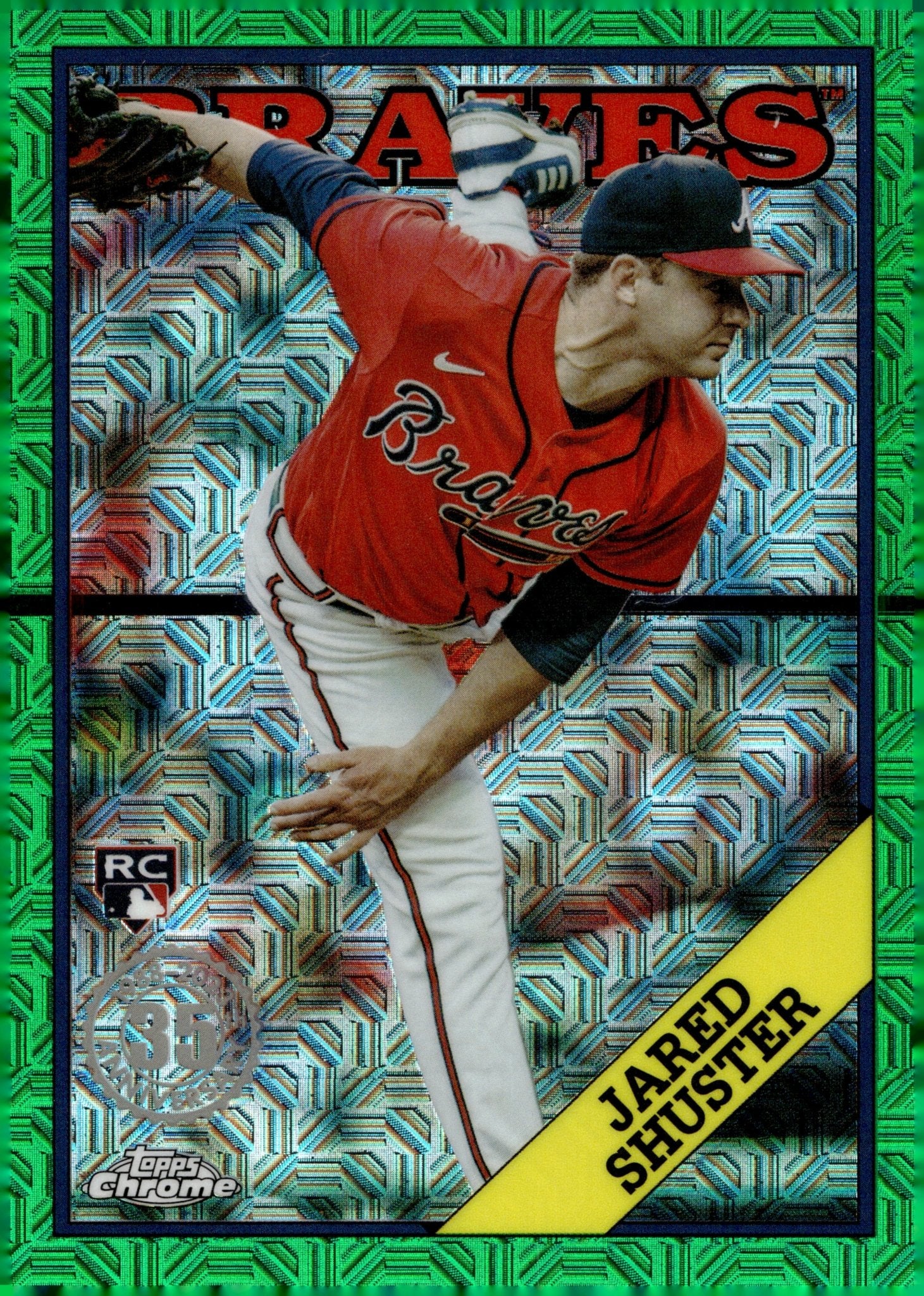 Jared Shuster 2023 Topps Chrome 35th Anniversary Green Mojo Refractor RC 85/99