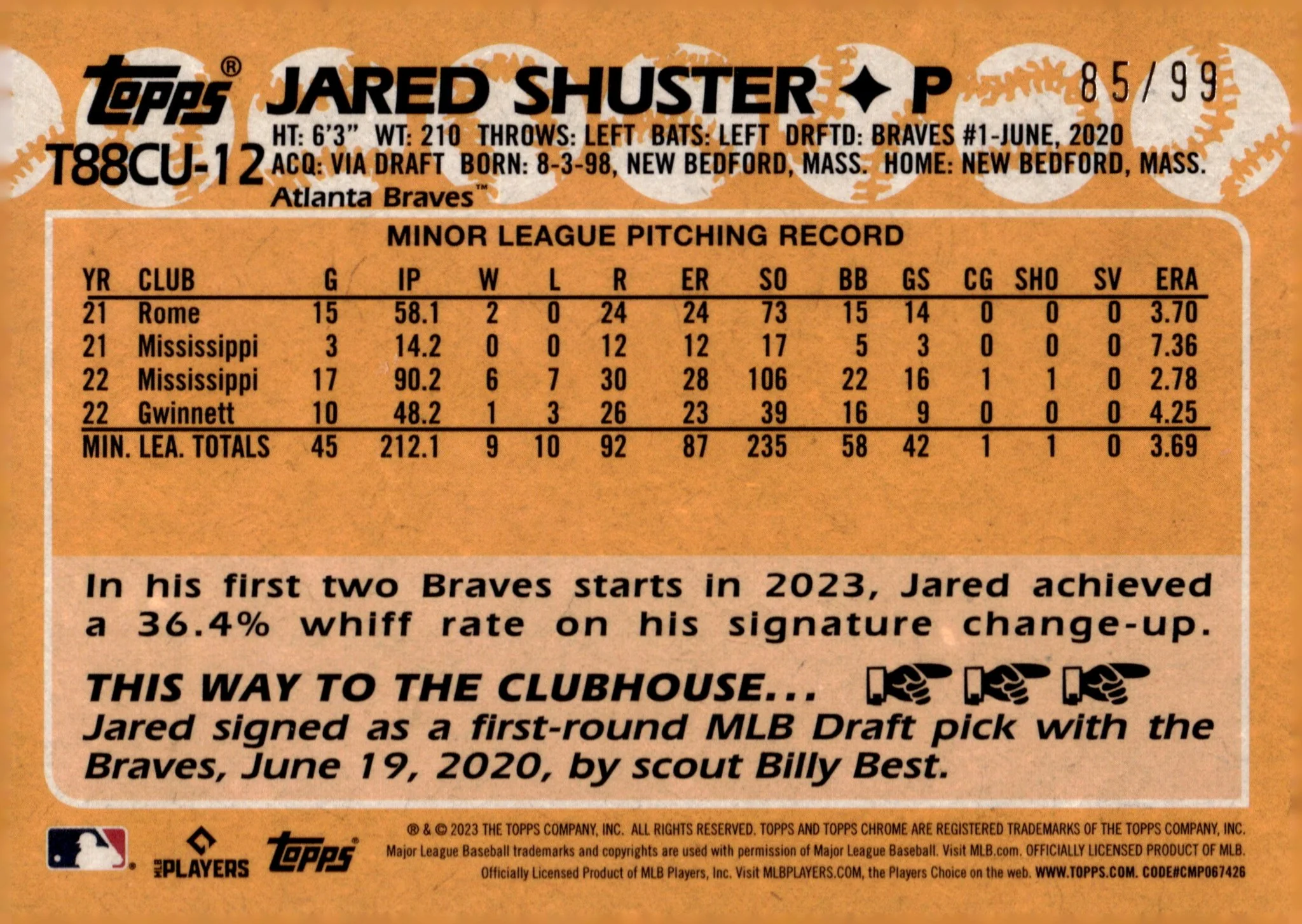 Jared Shuster 2023 Topps Chrome 35th Anniversary Green Mojo Refractor RC 85/99