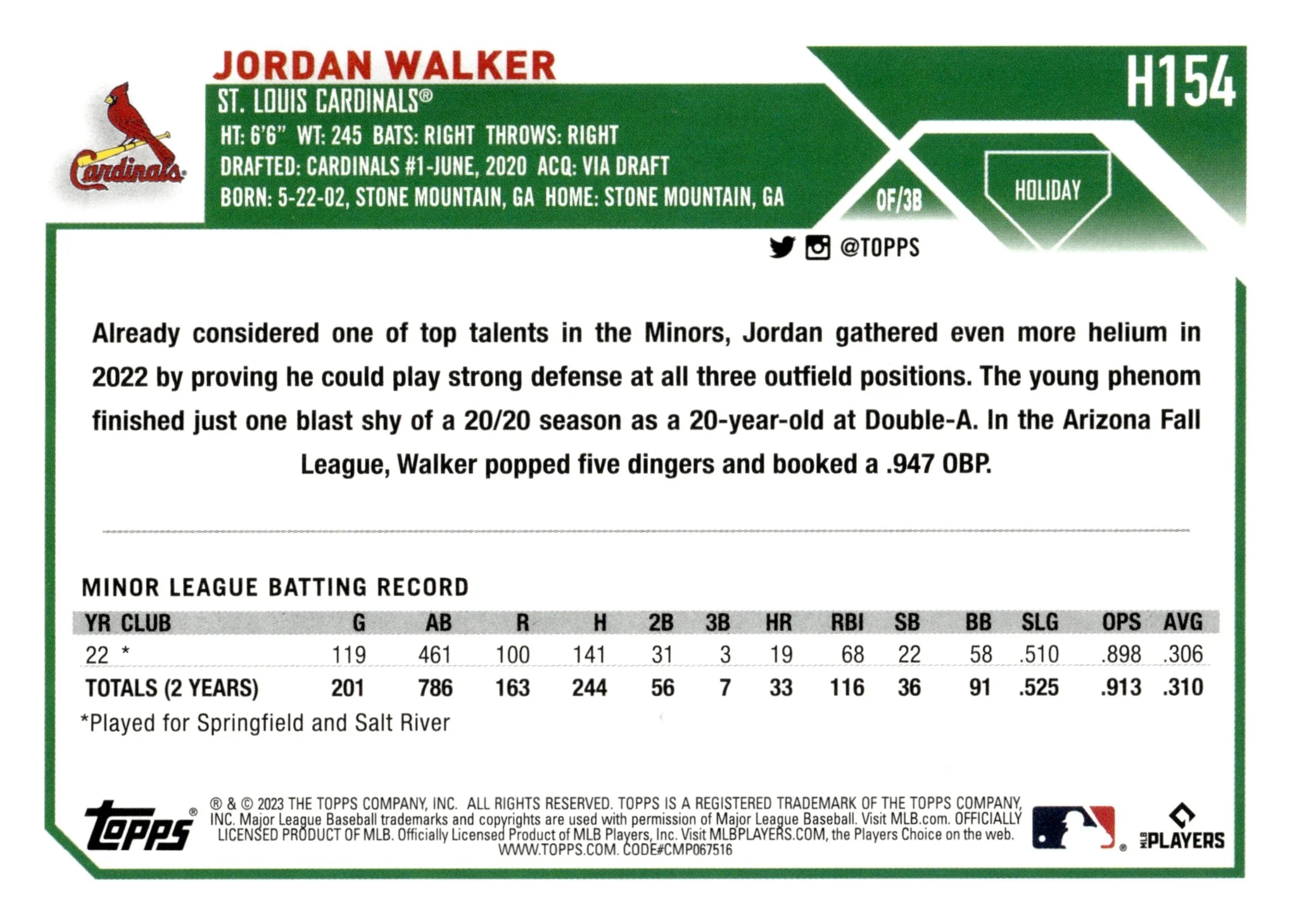 Jordan Walker 2023 Topps Holiday RC #H154