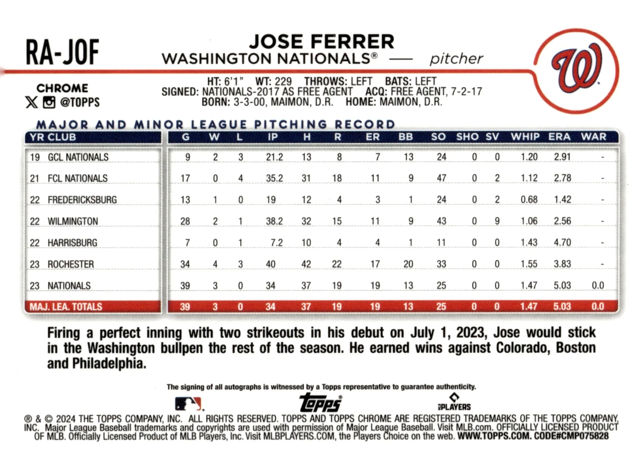 Jose Ferrer 2024 Topps Chrome Purple Speckle Refractor RC Auto 058/299 #RA-JOF