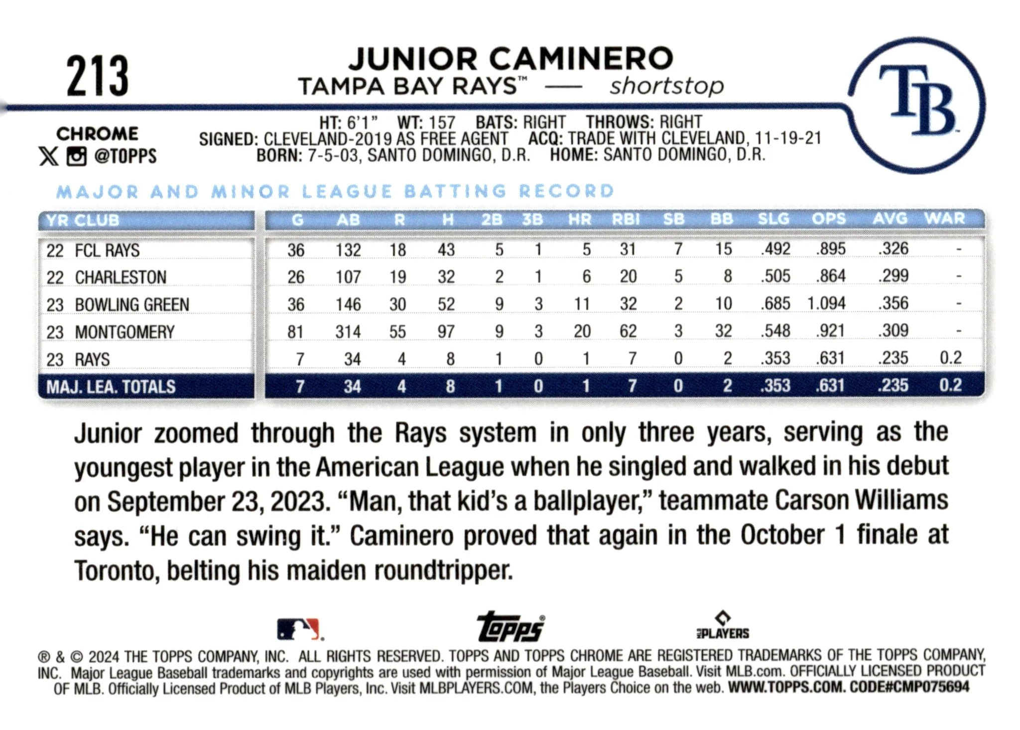Junior Caminero 2024 Topps Chrome Fuchsia Refractor #213
