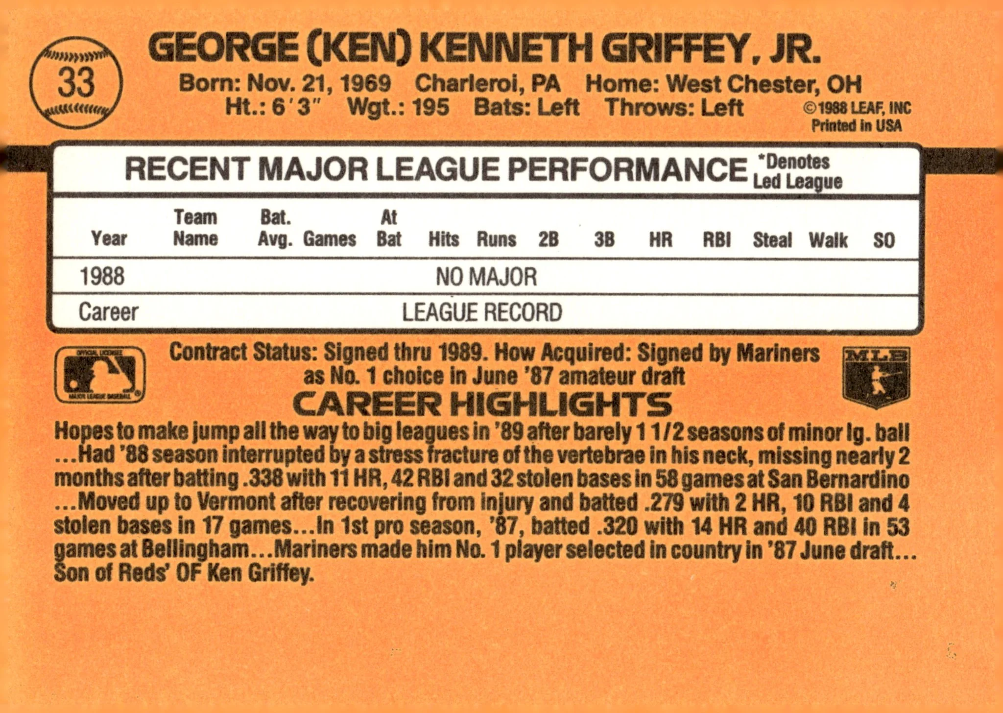Ken Griffey Jr. 1989 Donruss Rated Rookie RC #33 #1
