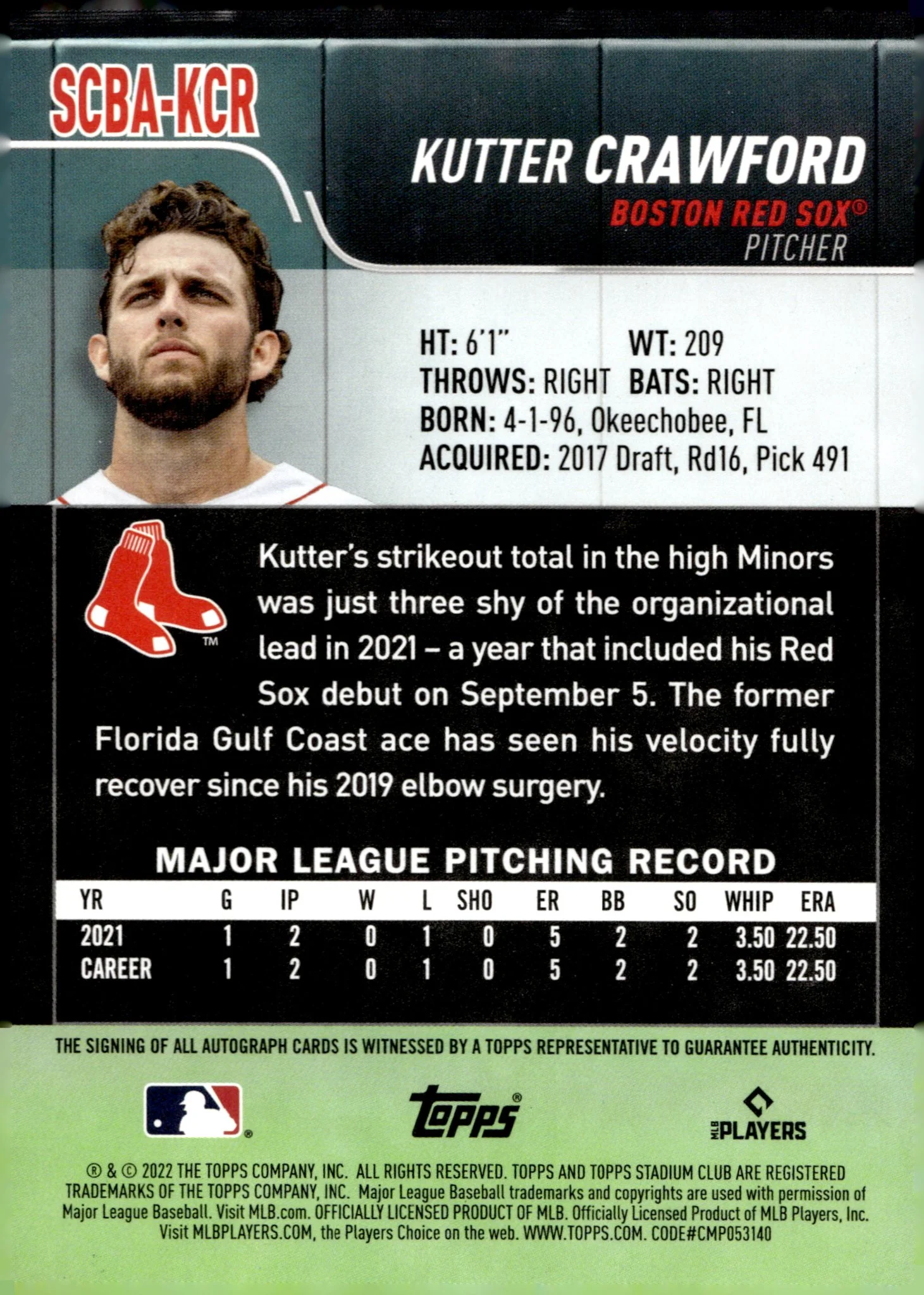 Kutter Crawford 2022 Topps Stadium Club RC Auto #SCBA-KCR