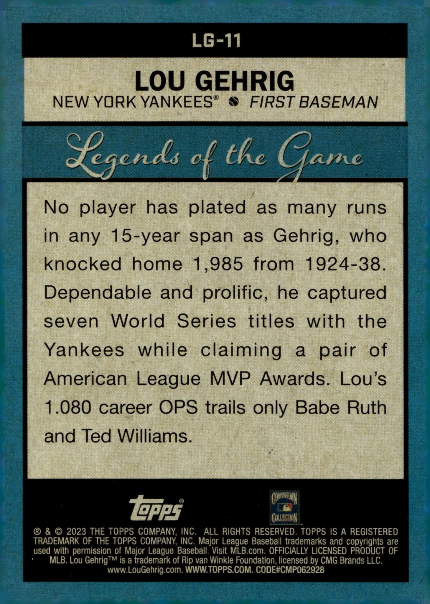 Lou Gehrig 2023 Topps Series 2 Legends of the Game Blue Foil #LG-11