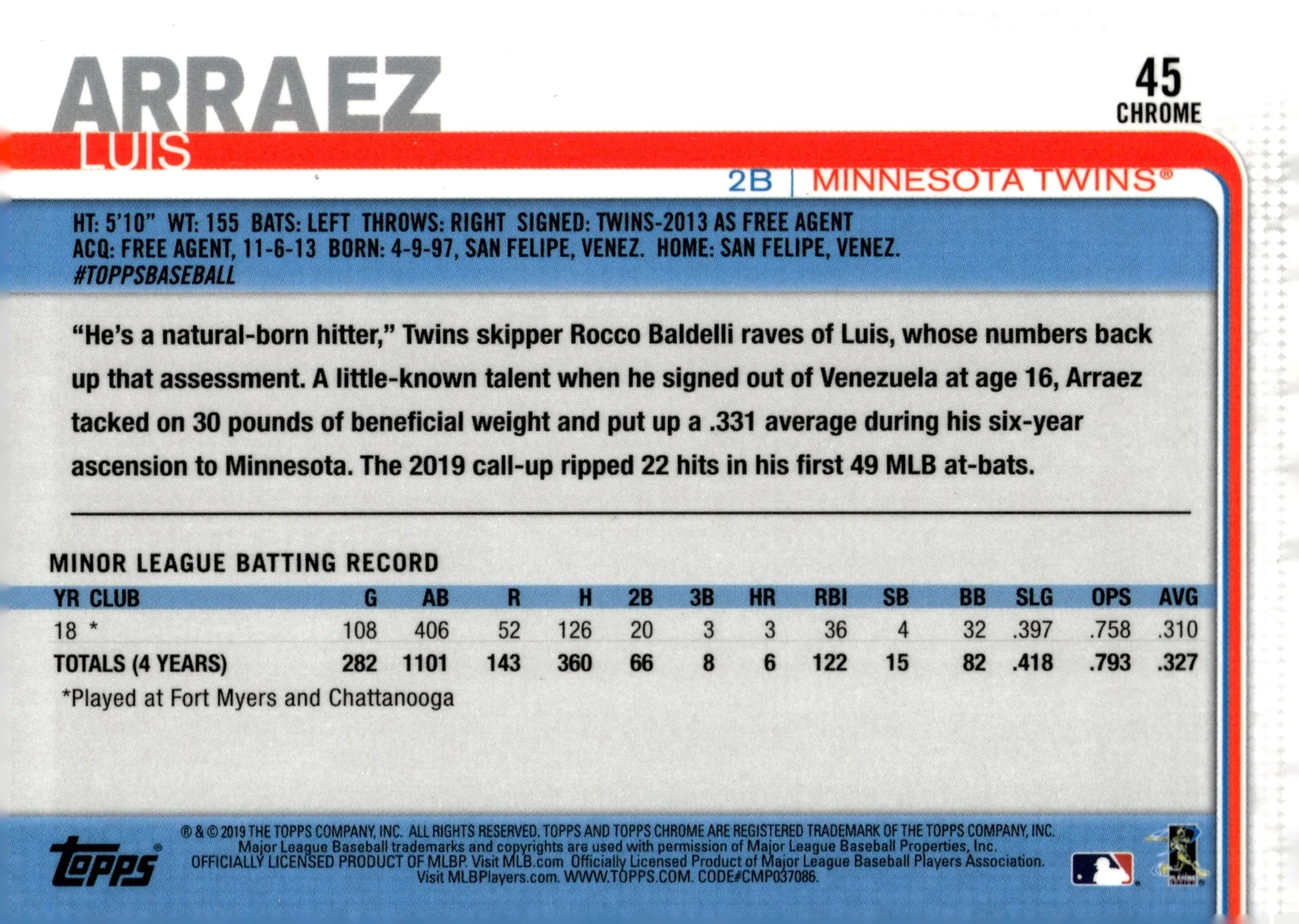 Luis Arraez 2019 Topps Chrome RC #45 #3