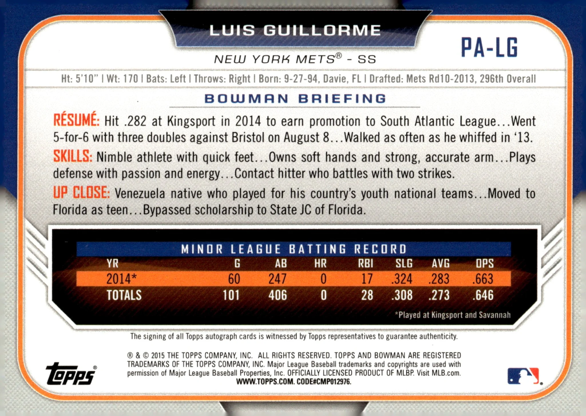 Luis Guillorme 2015 Bowman Auto #PA-LG