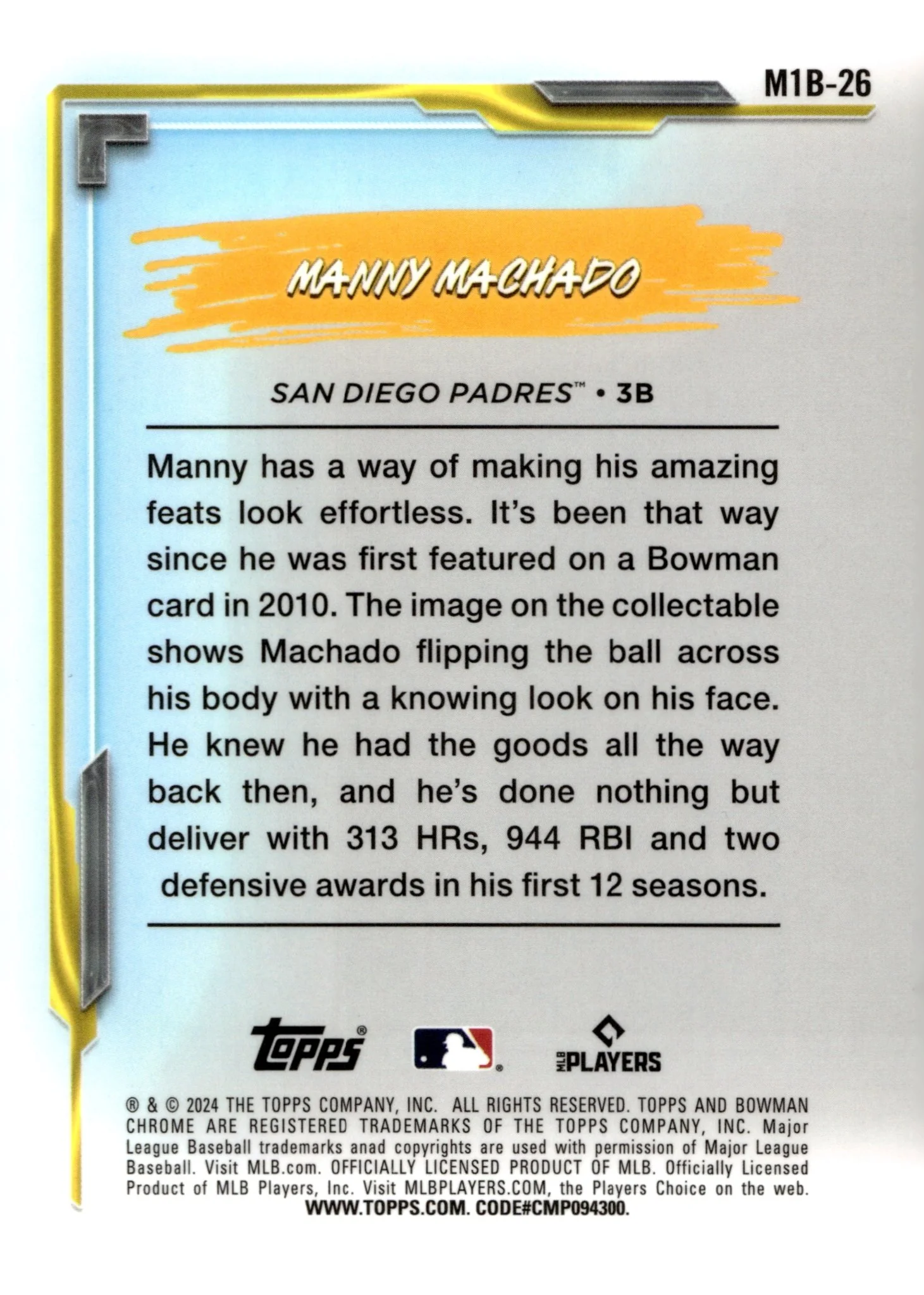Manny Machado 2024 Bowman Chrome My 1st Bowman Mojo Refractor #M1B-26