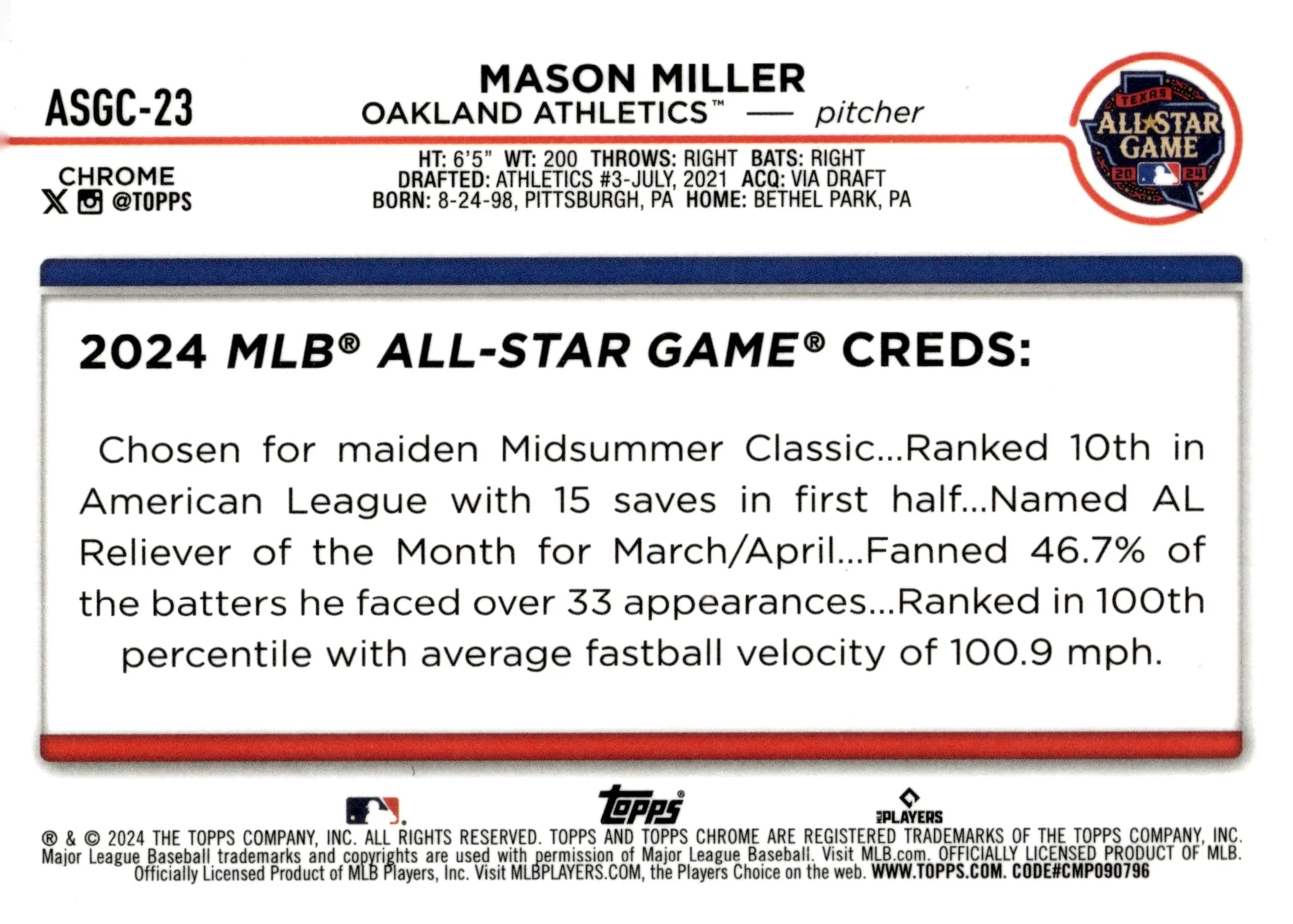 Mason Miller 2024 Topps Chrome All Star Game Refractor #ASGC-23