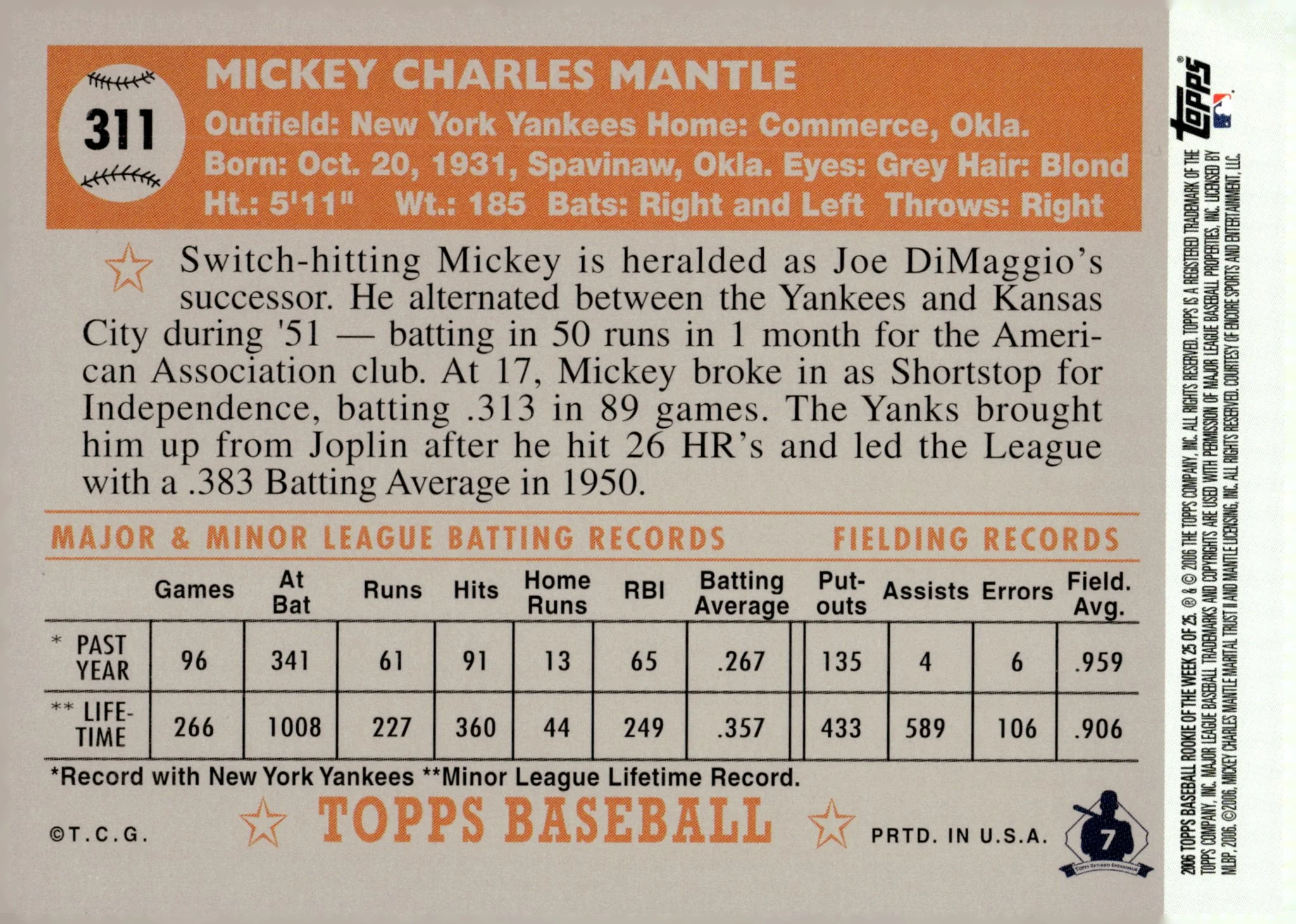 Mickey Mantle 2006 Topps Mickey Mantle Story #311 #2