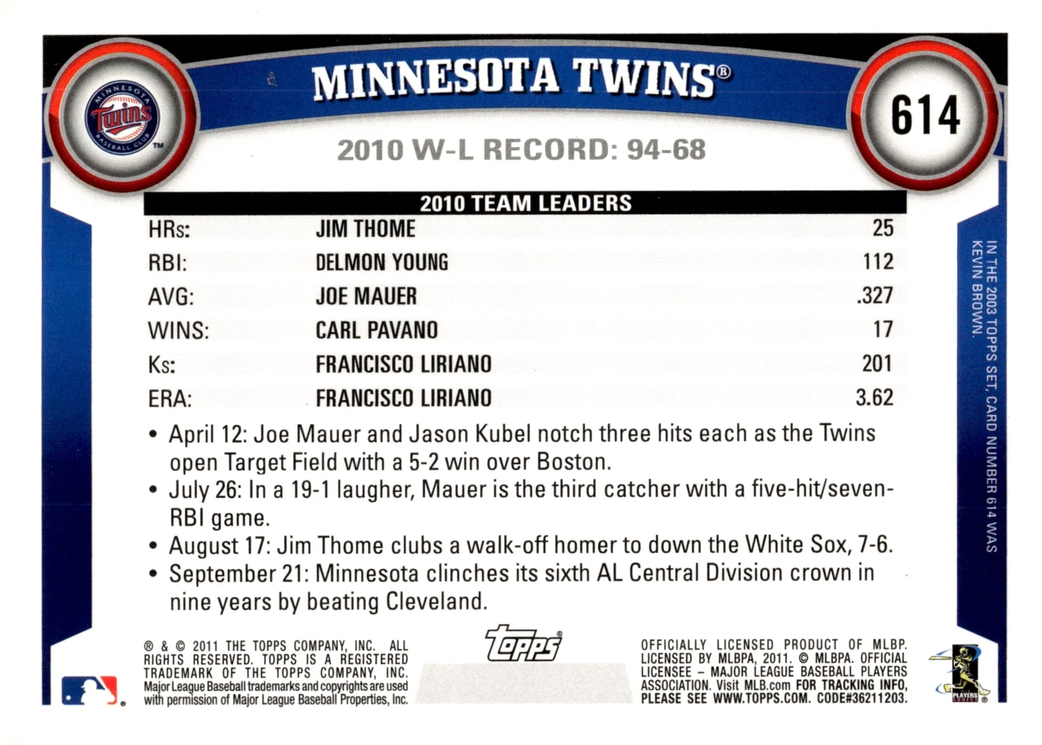 Minnesota Twins 2011 Topps Diamond Anniversary #614