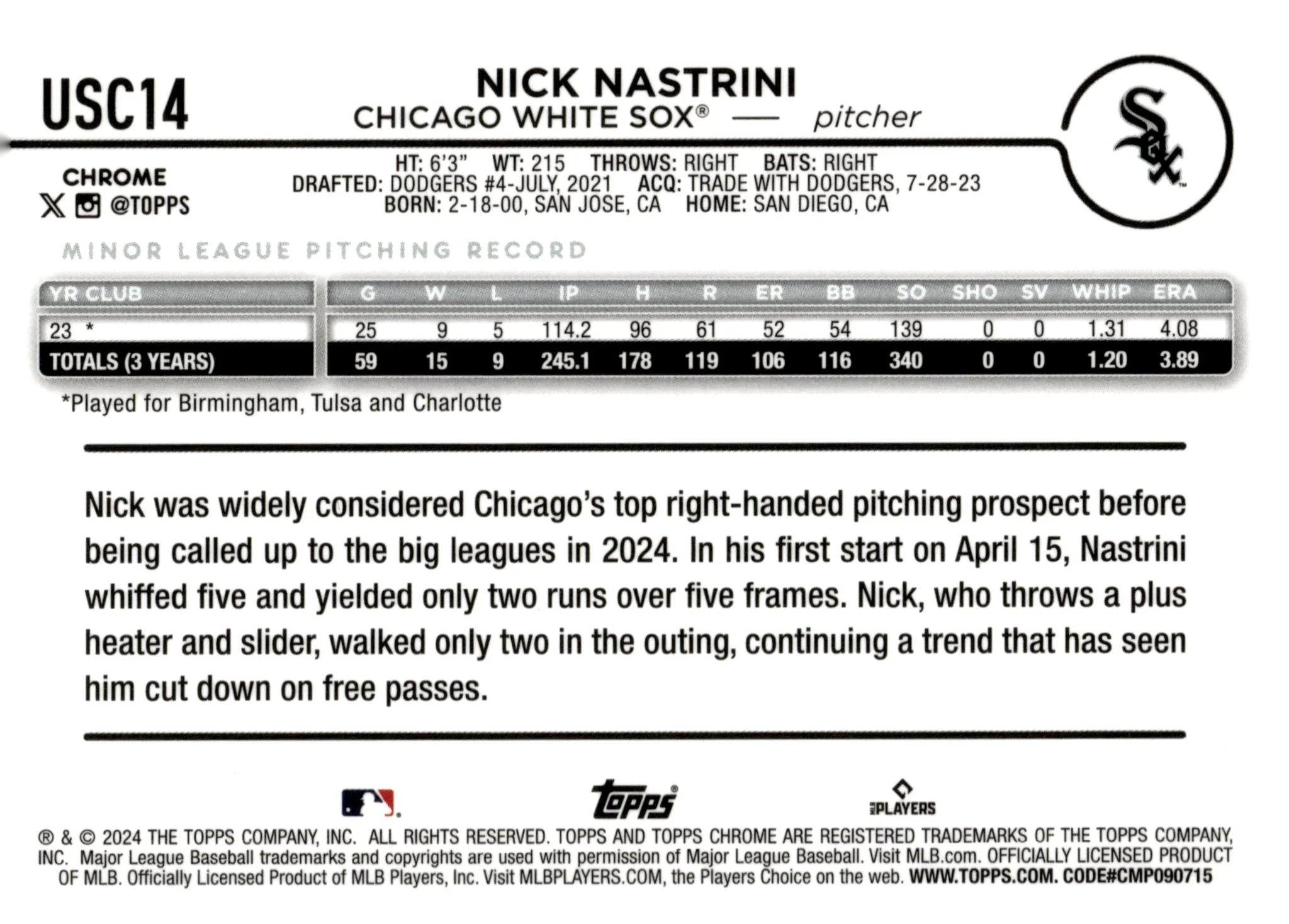 Nick Nastrini 2024 Topps Chrome Green Wave Refractor RC 19/99 #USC14