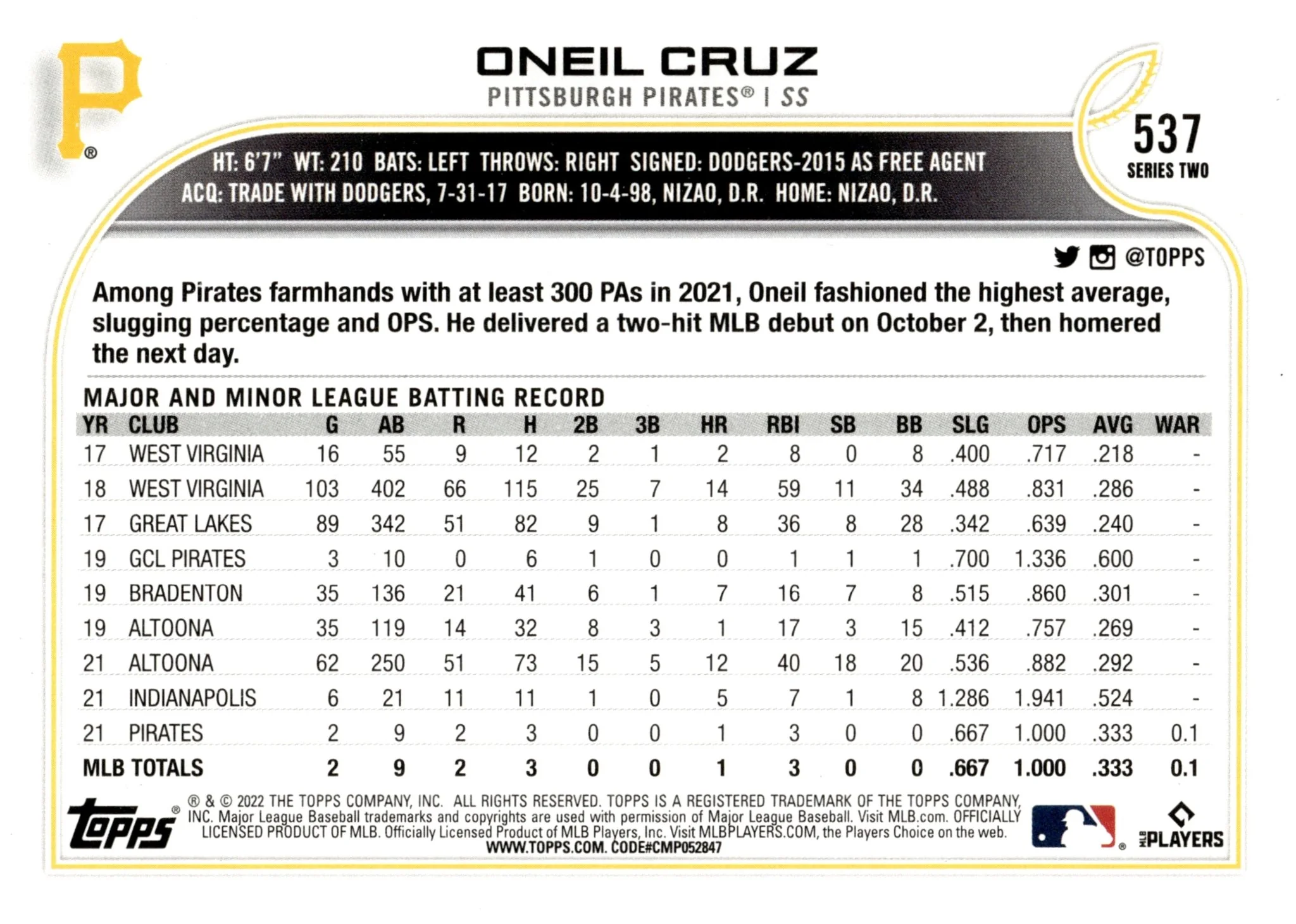 Oneil Cruz 2022 Topps Series 2 RC #537