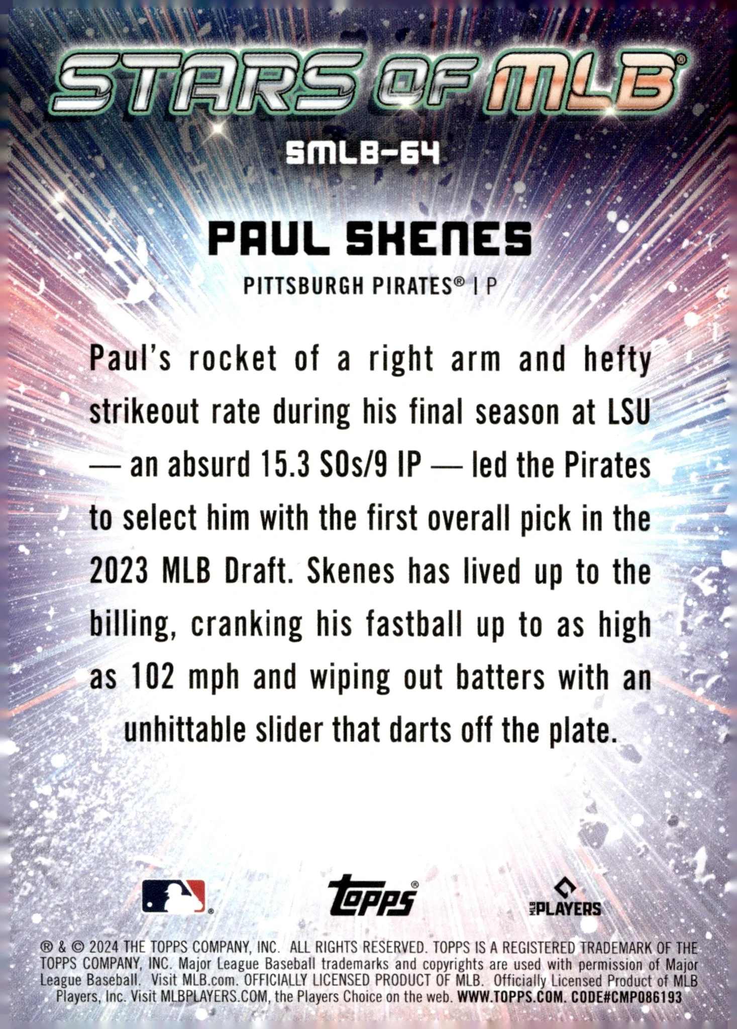 Paul Skenes 2024 Topps Update Series Stars of MLB Foil RC #SMLB-64 #6