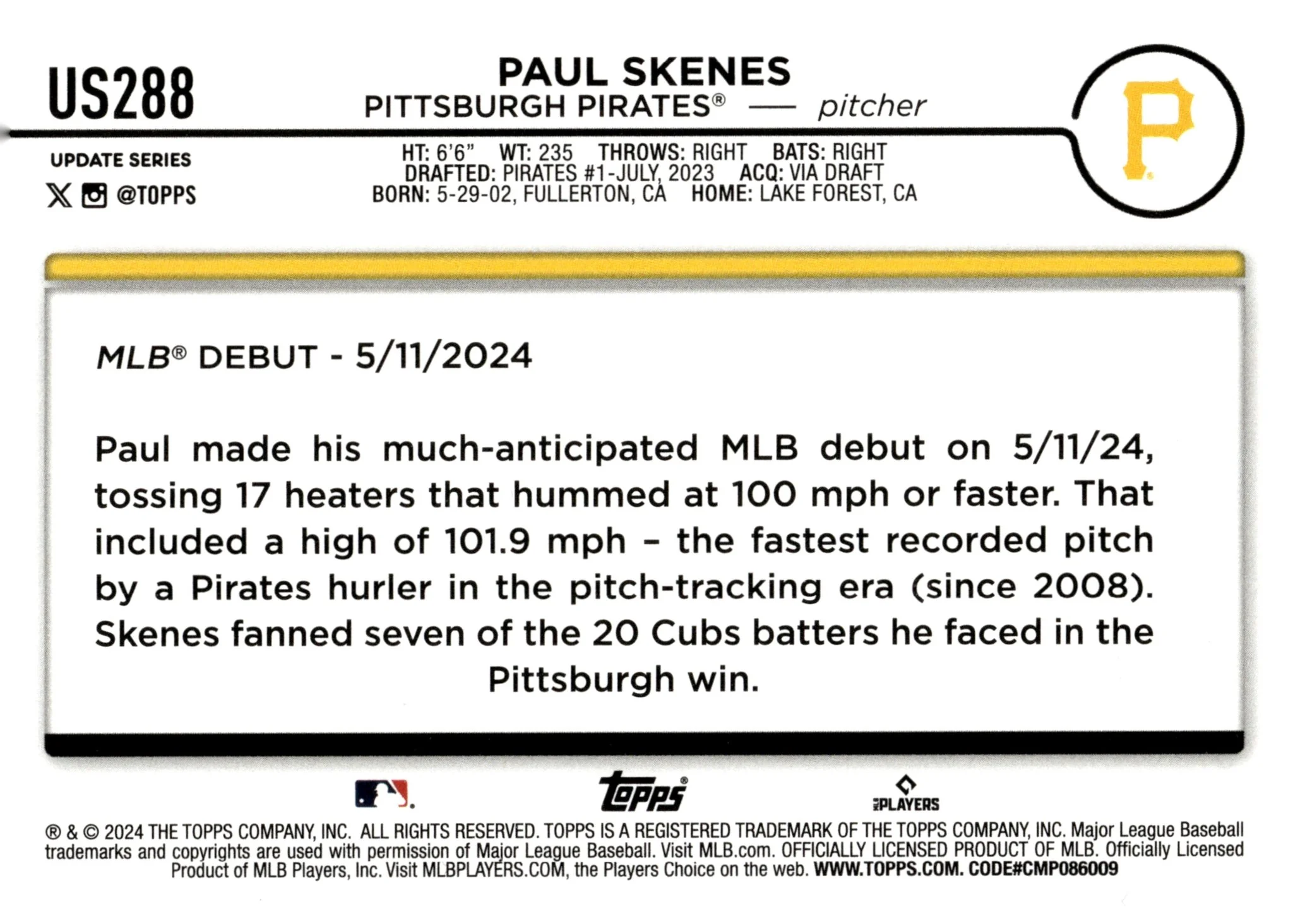Paul Skenes 2024 Topps Update Series RC #US288 #2