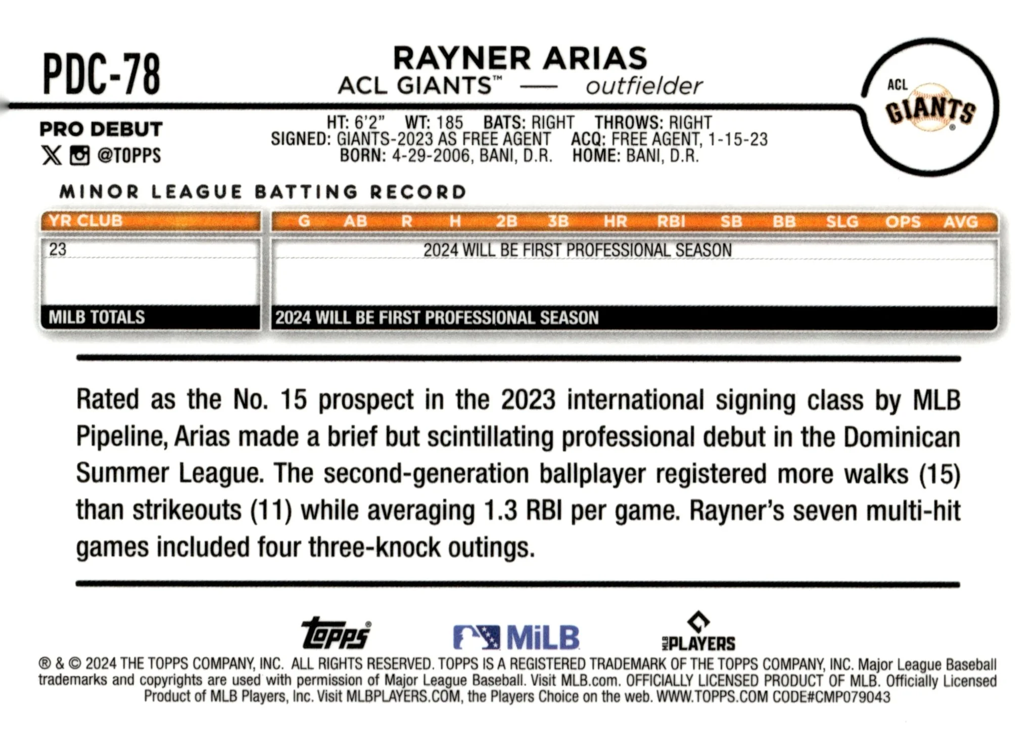 Rayner Arias 2024 Topps Chrome Pro Debut Blue Refractor #PDC-78