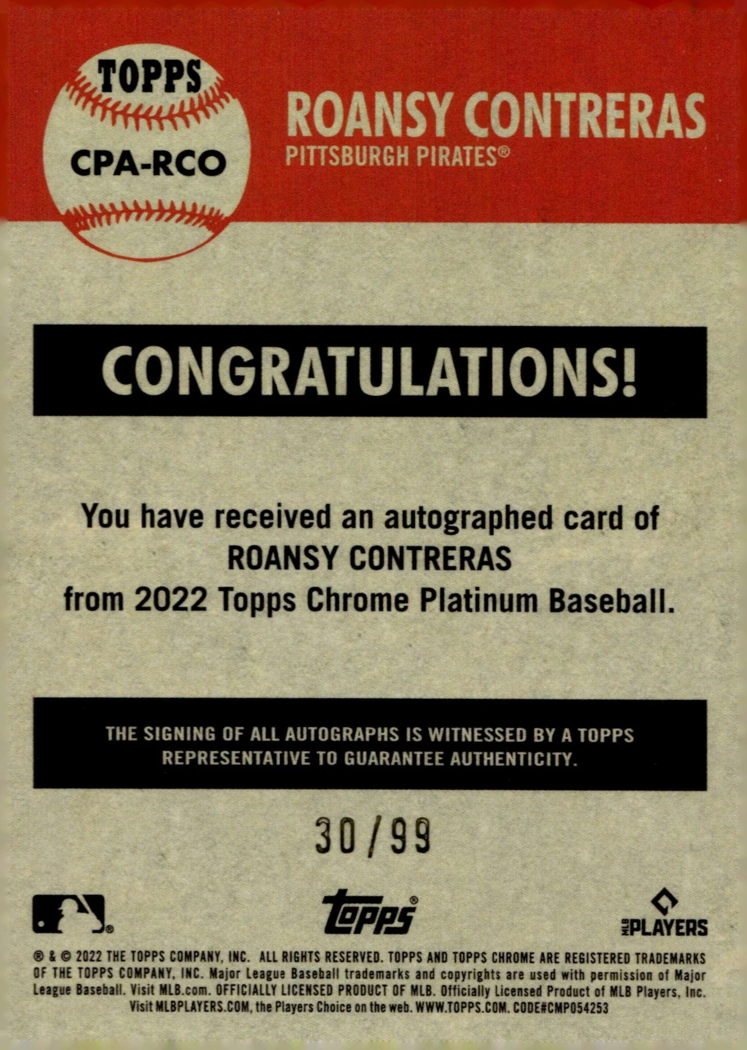 Roansy Contreras 2022 Topps Chrome Platinum Blue Hyper Refractor RC Auto 30/99
