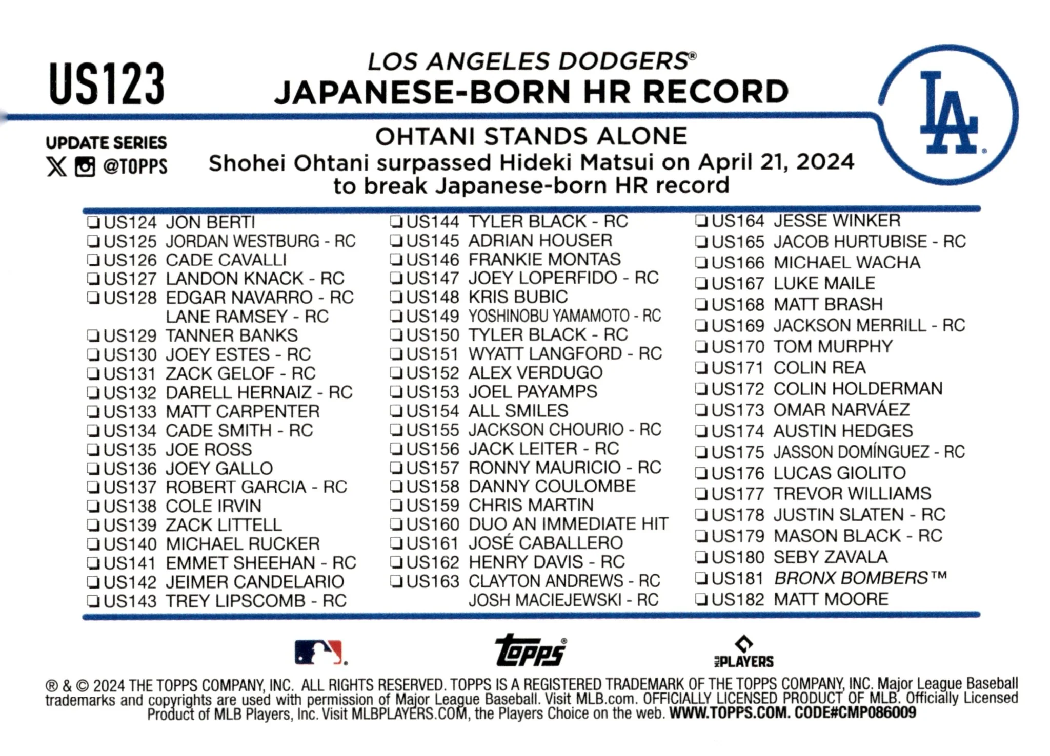 Shohei Ohani 2024 Topps Update Series Japanese Born HR Record #US123 #2