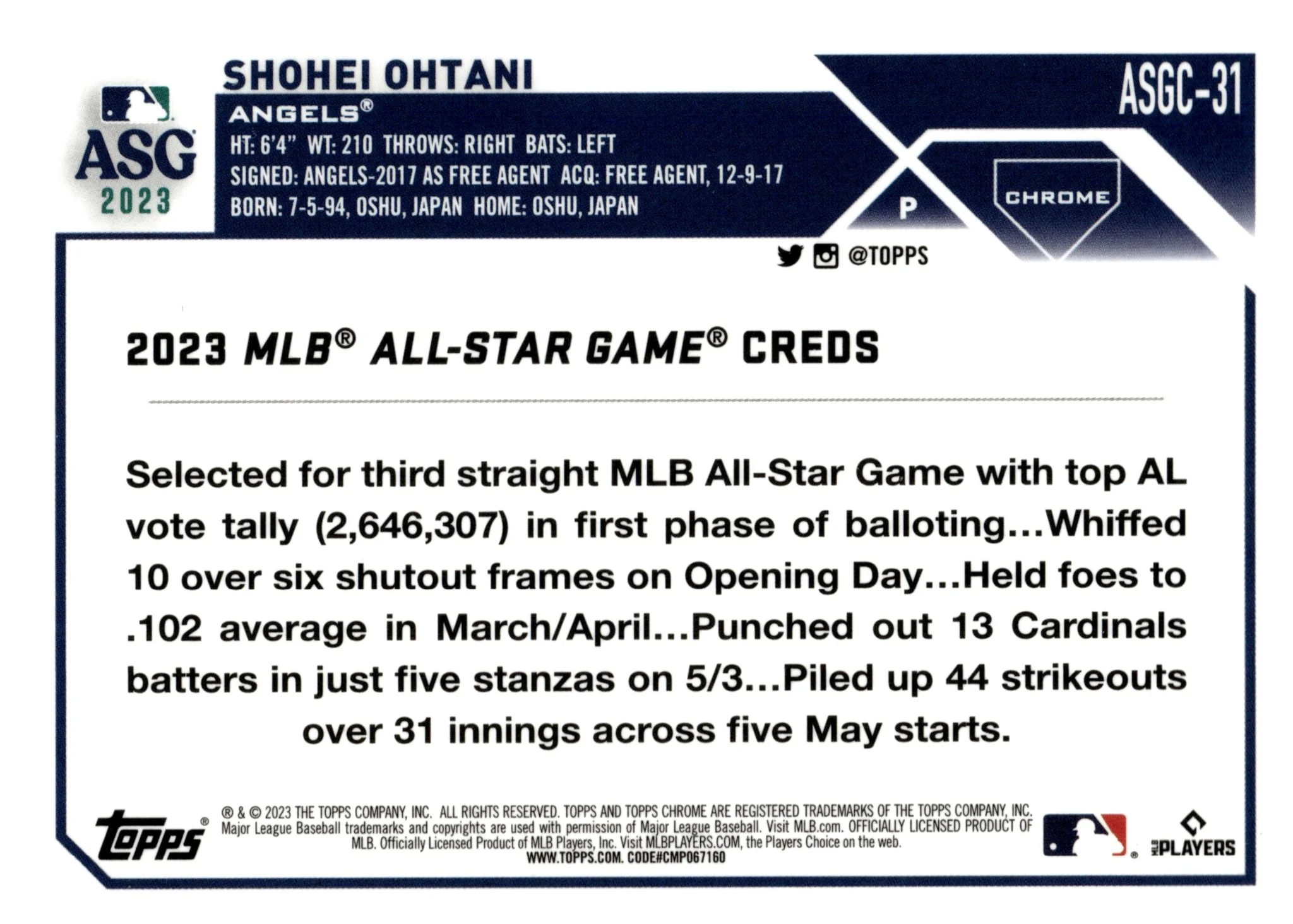 Shohei Ohtani 2023 Topps Chrome All Star Game Refractor #ASGC-31