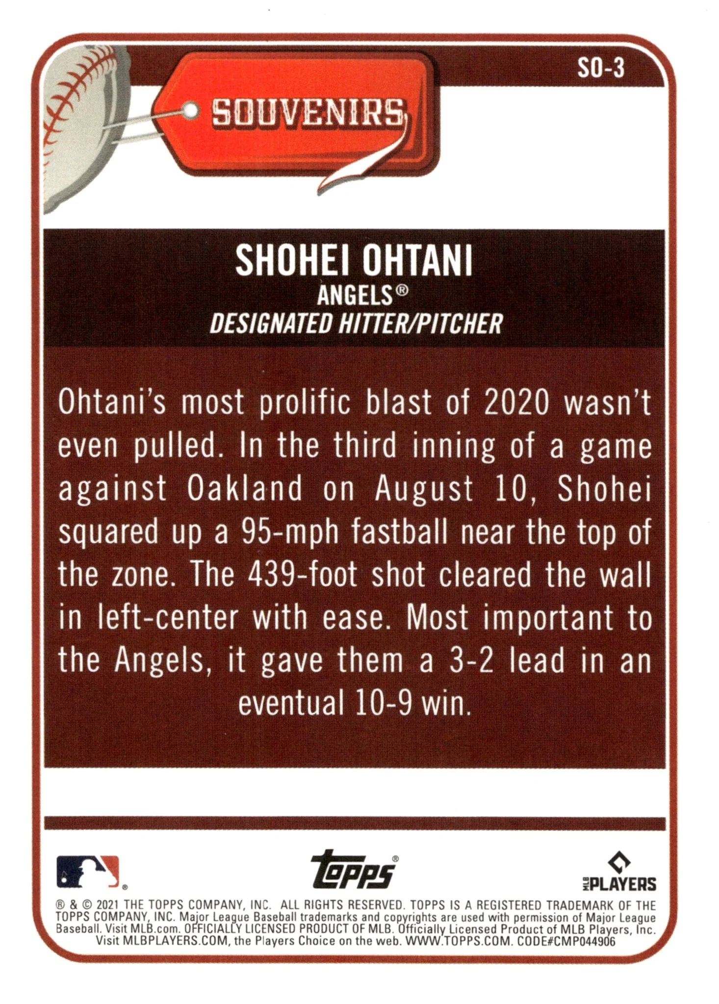 Shohei Ohtani 2021 Topps Big League Souvenirs 439ft #SO-3
