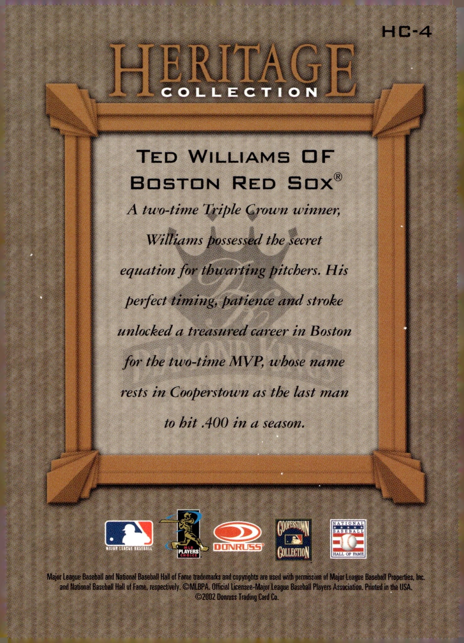 Ted Williams 2002 Donruss Heritage Collection Diamond Kings #HC-4