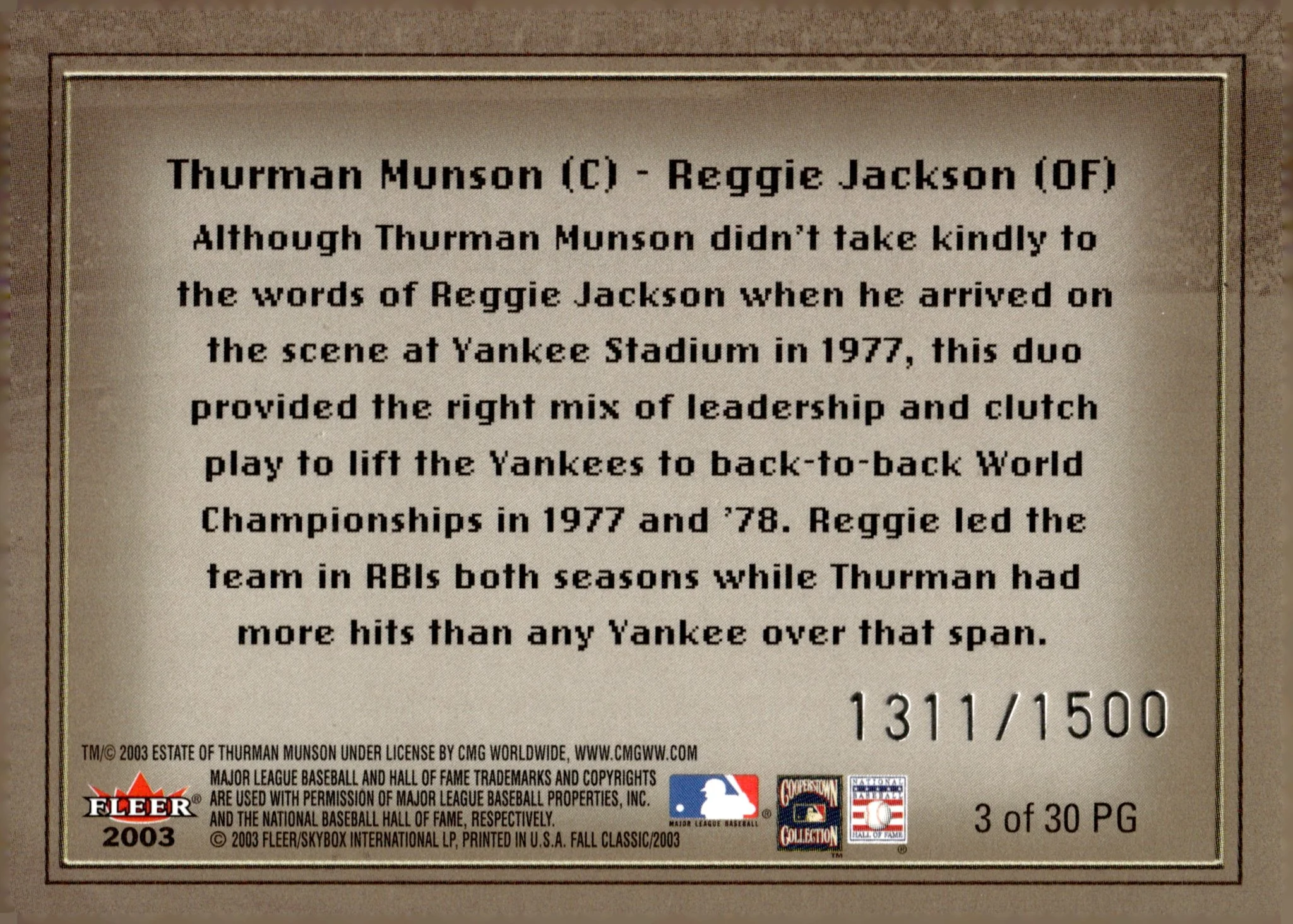 Thurman Munson / Reggie Jackson 2003 Fleer Fall Classic Postseason Glory /1500