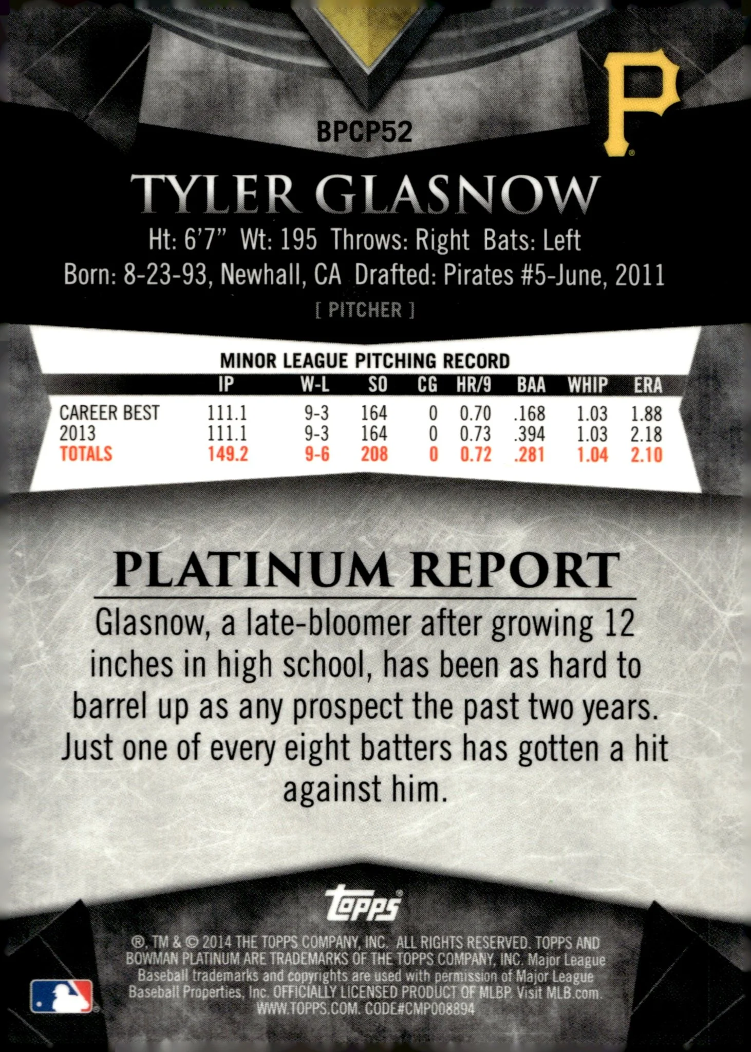 Tyler Glasnow 2014 Bowman Platinum Purple Refractor #BPCP52