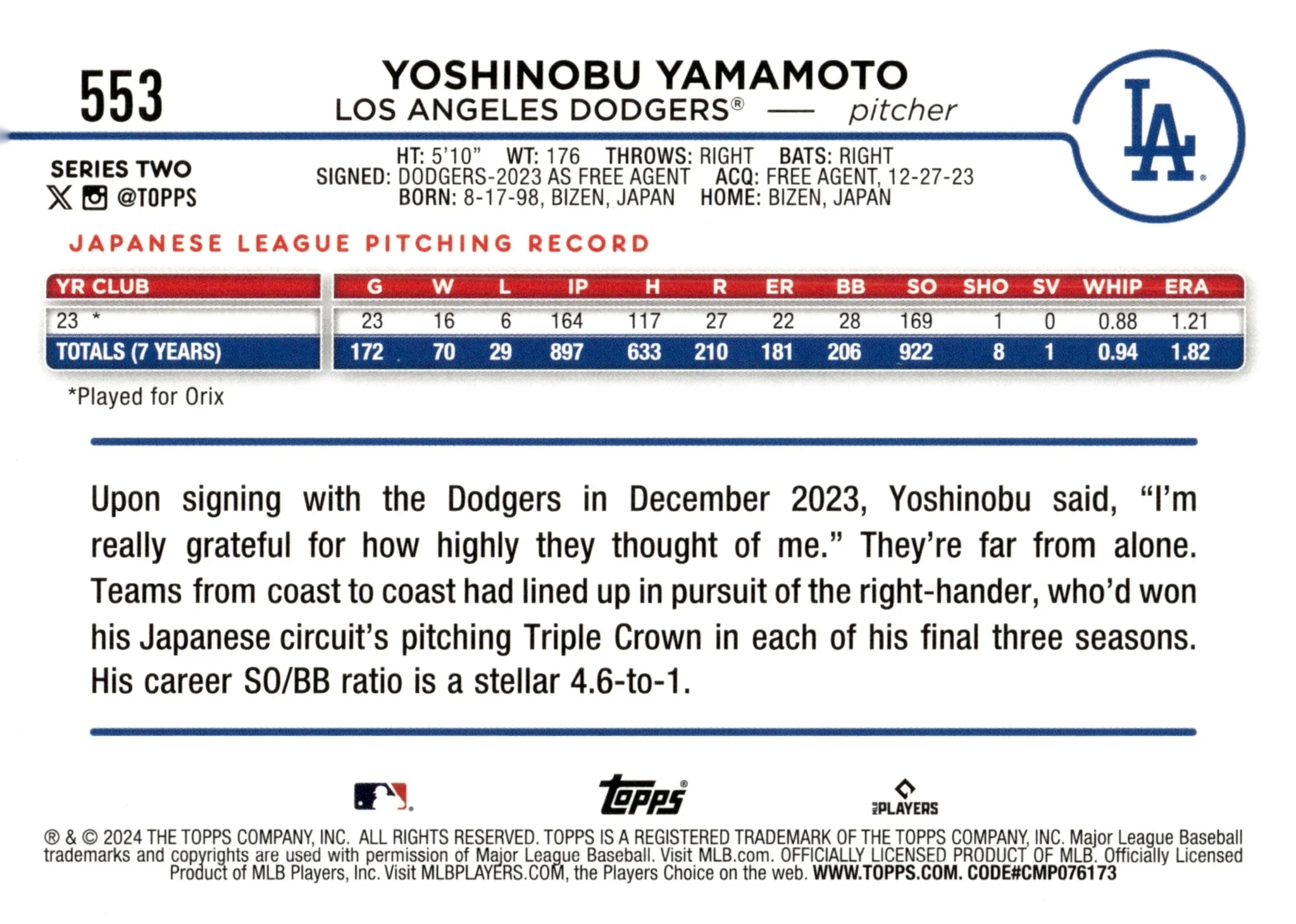 Yoshinobu Yamamoto 2024 Topps Series 2 RC #553 #1