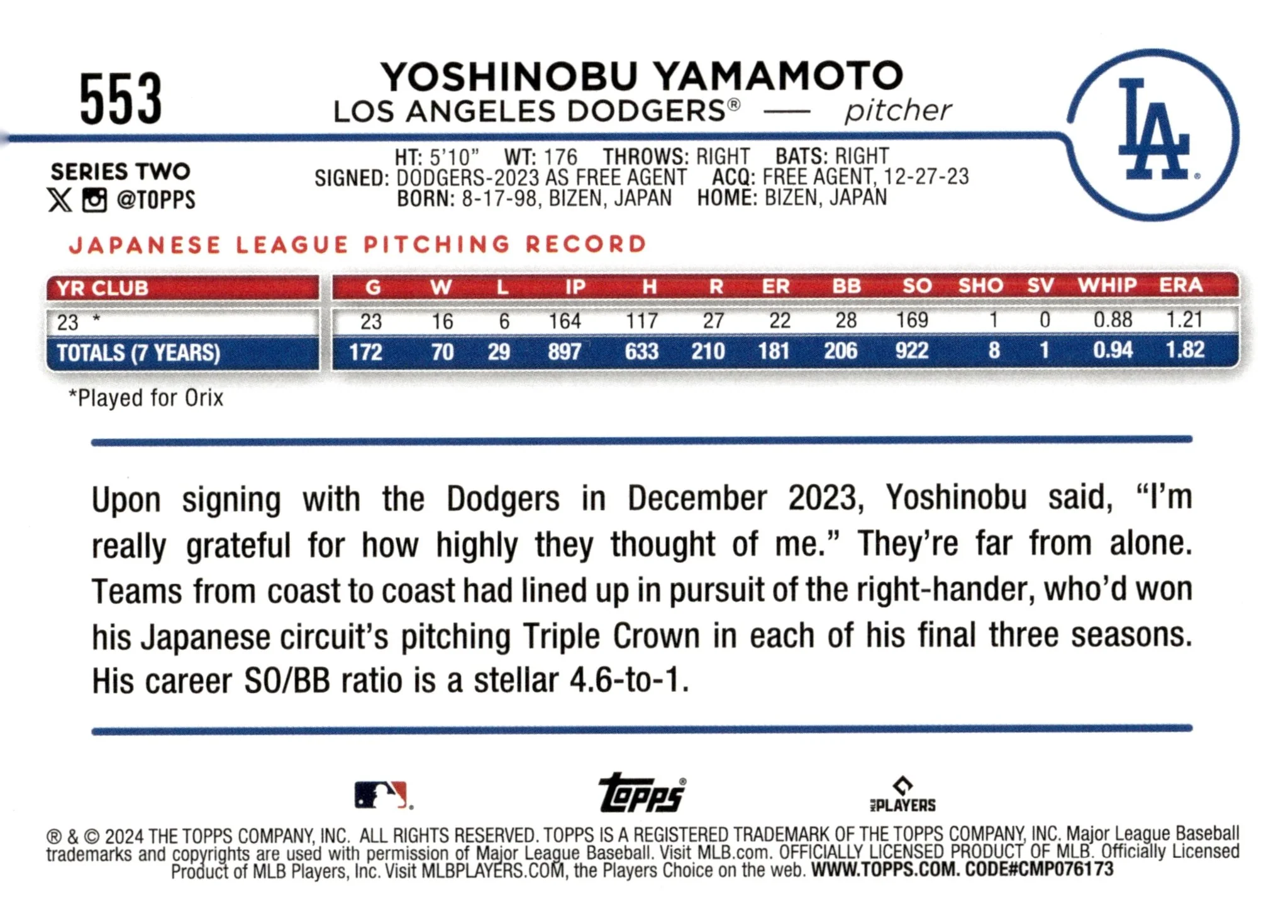 Yoshinobu Yamamoto 2024 Topps Series 2 RC #553 #2