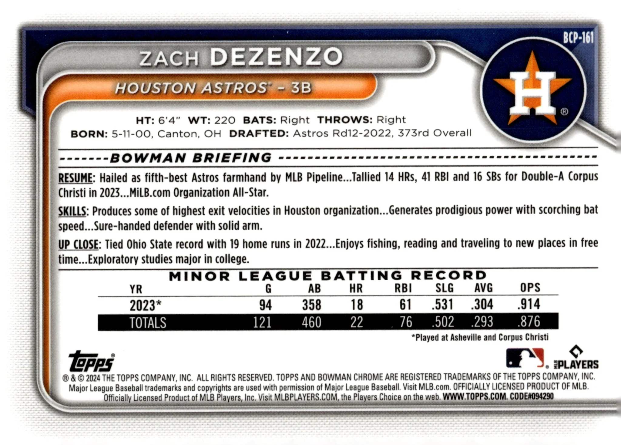 Zach Dezenzo 2024 Bowman Chrome Aqua Mojo Refractor 268/299 #BCP-161