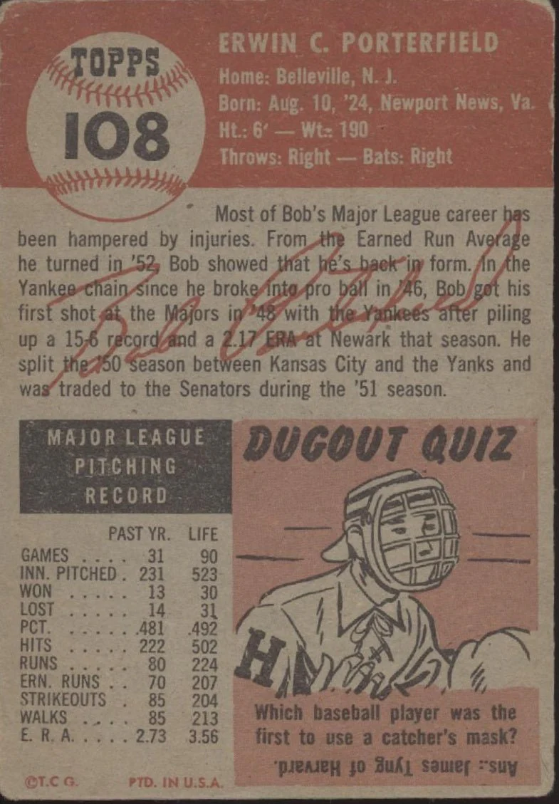 Bob Porterfield 1953 Topps #108 Washington Senators VG #1