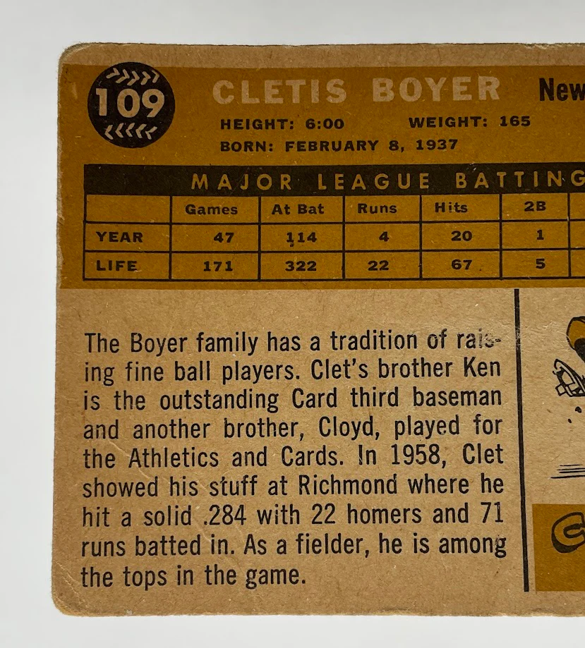 1239-cletis-boyer-1960-topps-109-new-york-yankees-gd-6.webp Cletis Boyer 1960 Topps #109 New York Yankees GD