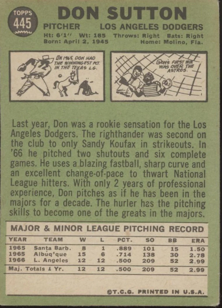 Don Sutton 1967 Topps #445 Los Angeles Dodgers VG-EX #3