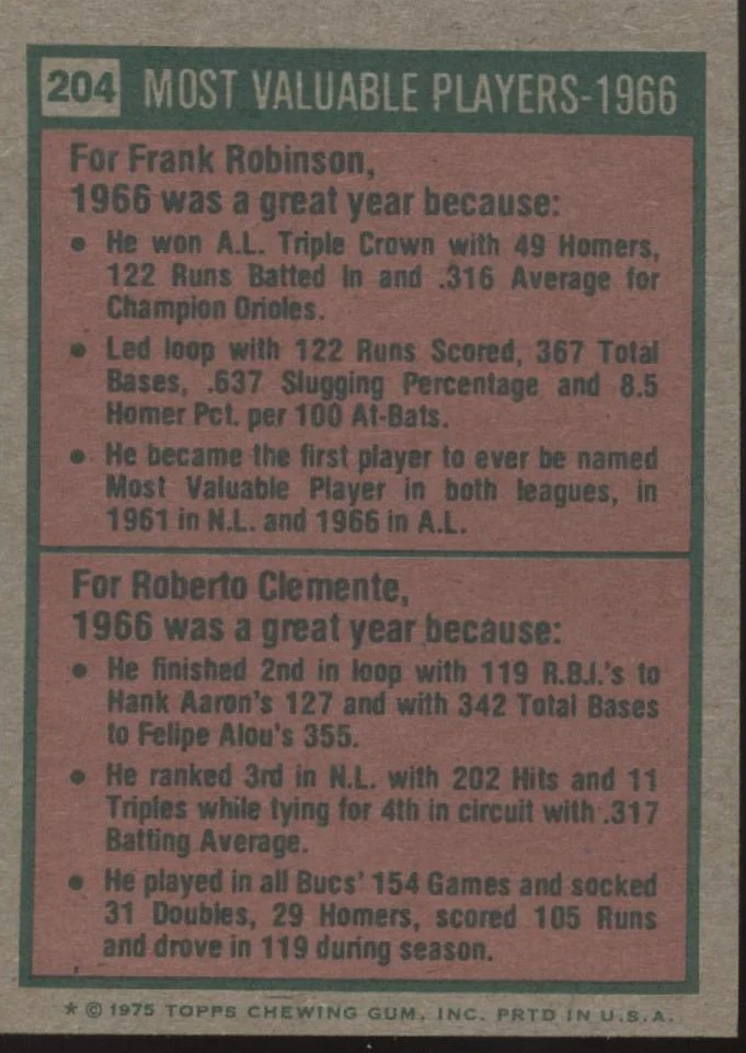 Frank Robinson / Bob Clemente 1975 Topps MVP Mini #204 VG-EX