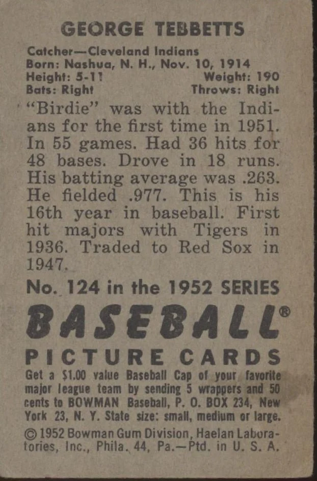 George Tebbetts 1952 Bowman #124 Cleveland Indians VG-EX