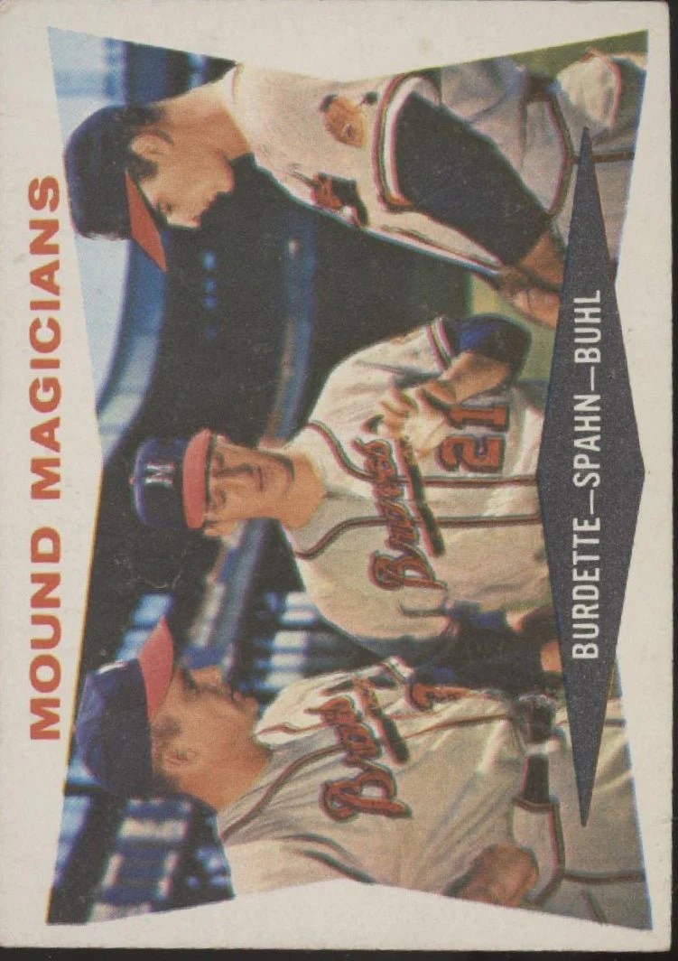 1271-mound-magicians-1960-topps-burdette-spahn-buhl-230-vg-ex-2-1.webp Mound Magicians 1960 Topps Burdette / Spahn / Buhl #230 VG-EX #2