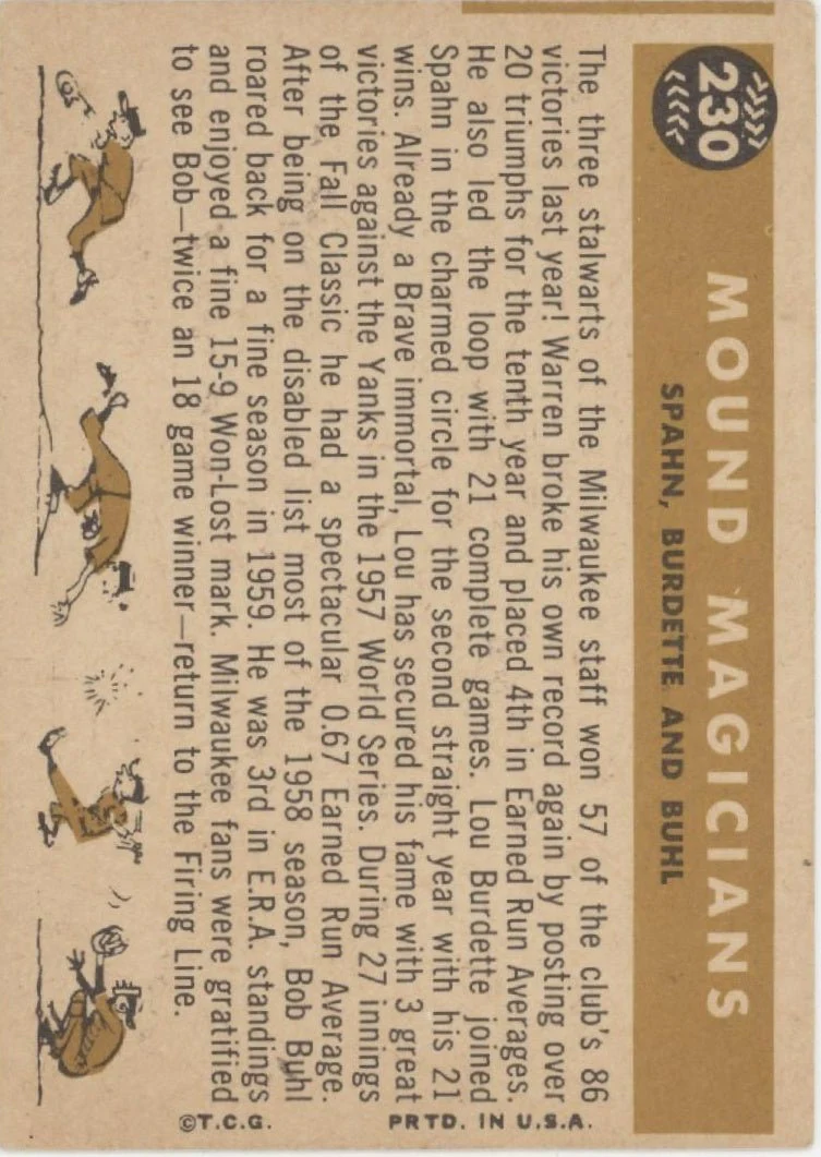 1271-mound-magicians-1960-topps-burdette-spahn-buhl-230-vg-ex-2-2.webp Mound Magicians 1960 Topps Burdette / Spahn / Buhl #230 VG-EX #2