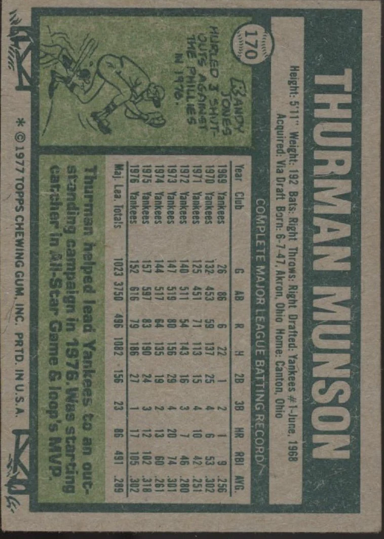 Thurman Munson 1977 Topps #170 New York Yankees VG-EX #1