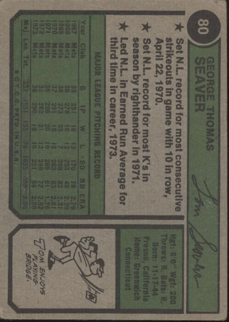 Tom Seaver 1974 Topps #80 New York Mets GD