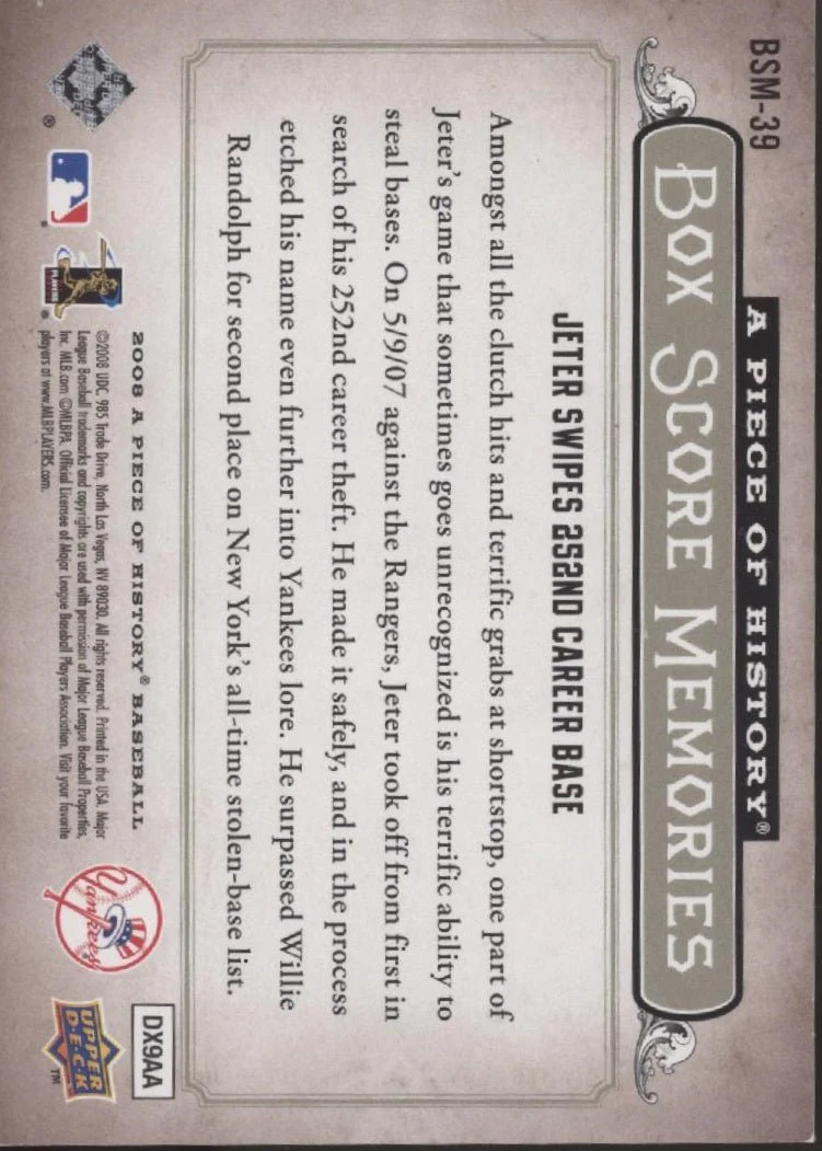 Derek Jeter 2008 Upper Deck A Piece of History Box Score Memories 616/699