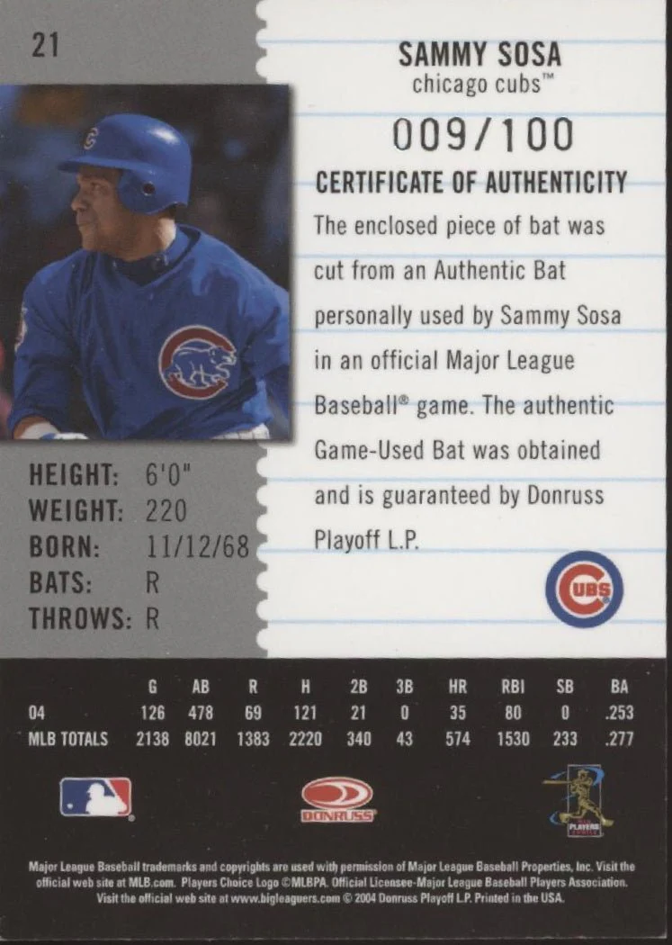 Sammy Sosa 2004 Leaf Century Collection Bat Relic 009/100 #21