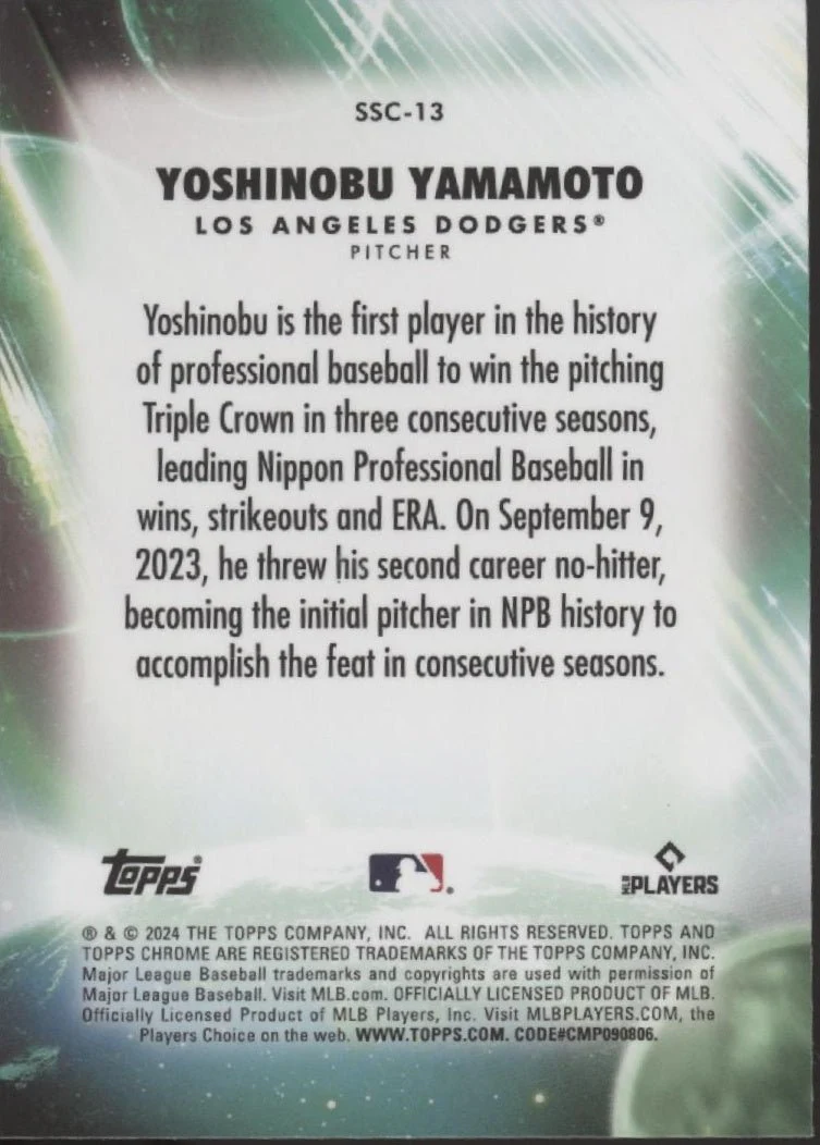 1293-yoshinobu-yamamoto-2024-topps-chrome-stratospheric-stars-refractor-rc-ssc-13-2.webp Yoshinobu Yamamoto 2024 Topps Chrome Stratospheric Stars Refractor RC #SSC-13