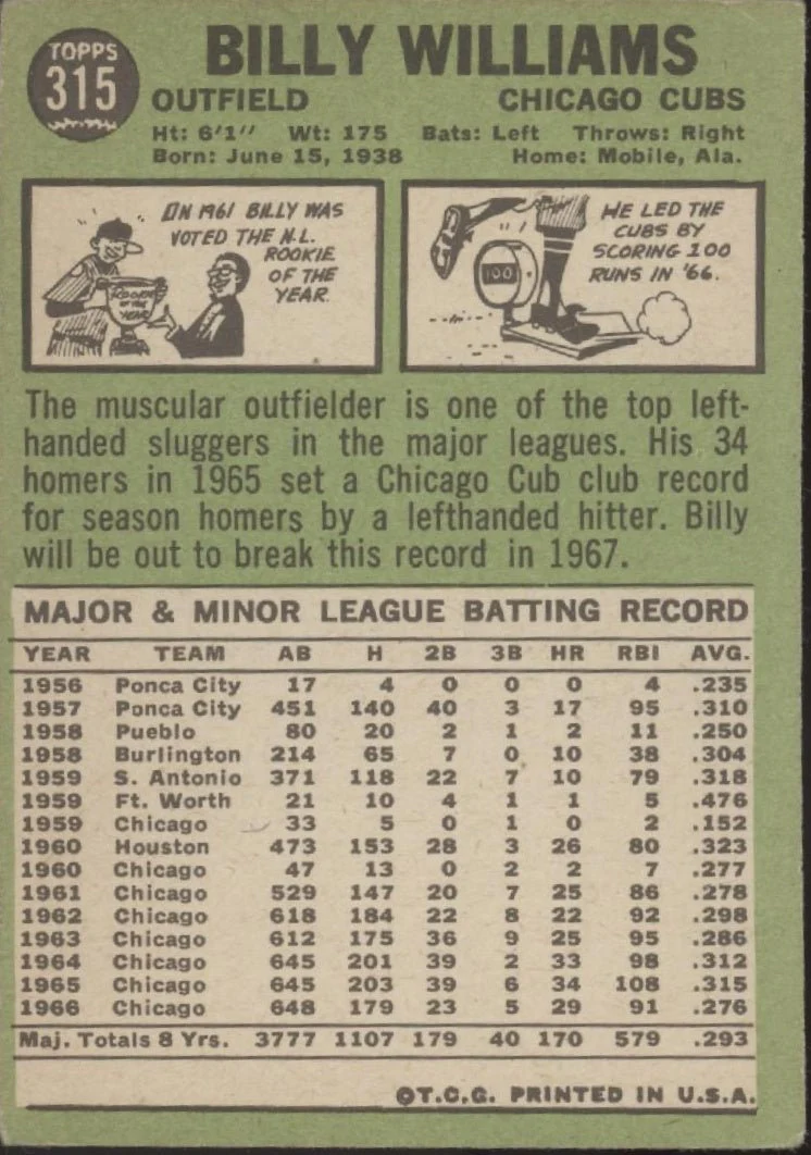 Billy Williams 1967 Topps #315 Chicago Cubs VG
