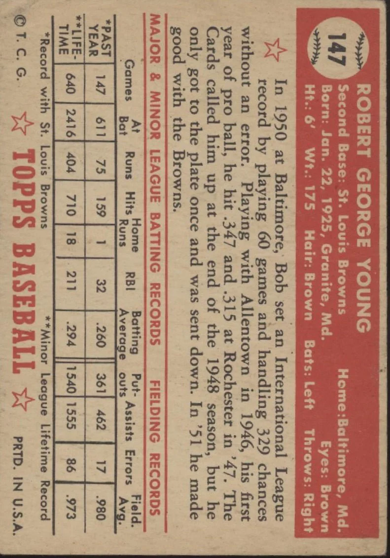 Bob Young 1952 Topps RC #147 St. Louis Browns VG