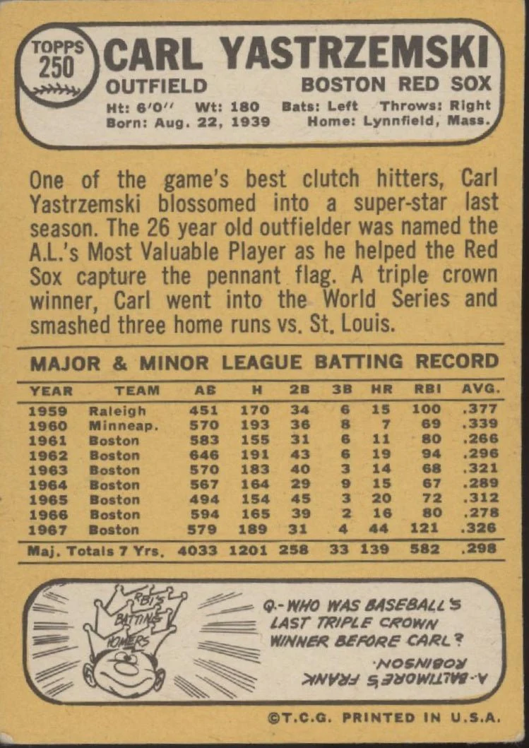 Carl Yastrzemski 1968 Topps #250 Boston Red Sox VG #2