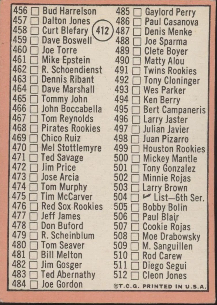 Checklist 1969 Topps Baseball 5th Series #412 VG