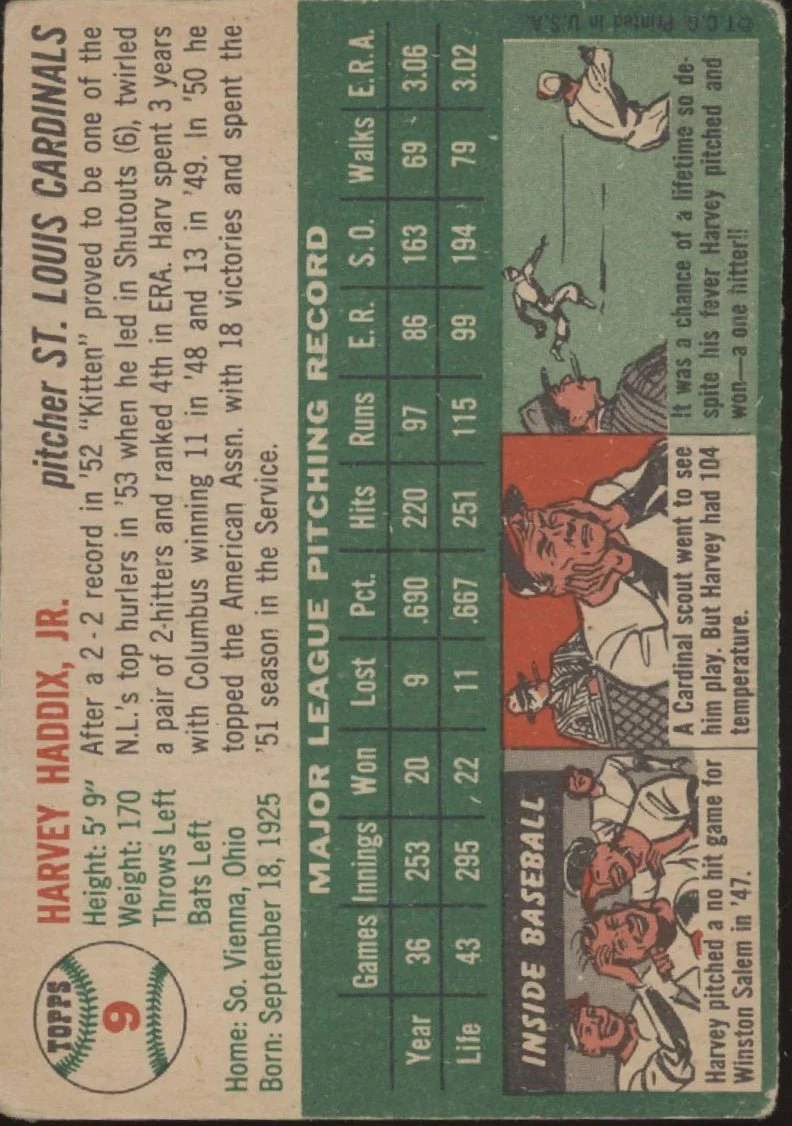 Harvey Haddix 1954 Topps #9 St. Louis Cardinals VG