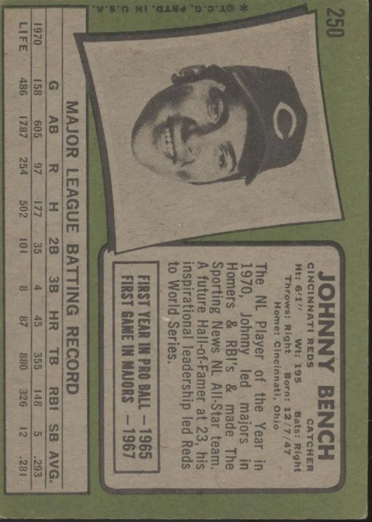 Johnny Bench 1971 Topps #250 Cincinnati Reds VG