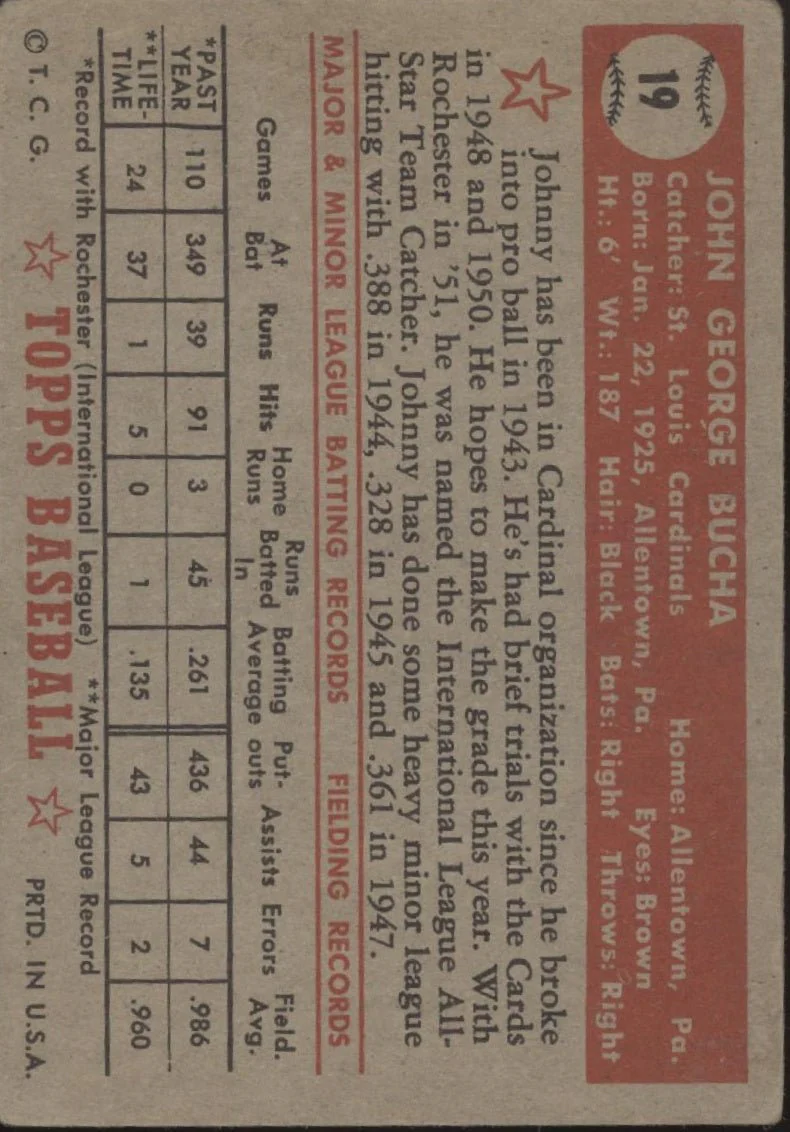 Johnny Bucha 1952 Topps RC #19 St. Louis Cardinals VG