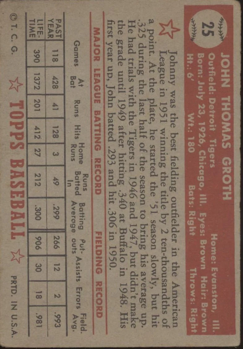 Johnny Groth 1952 Topps #25 Detroit Tigers VG