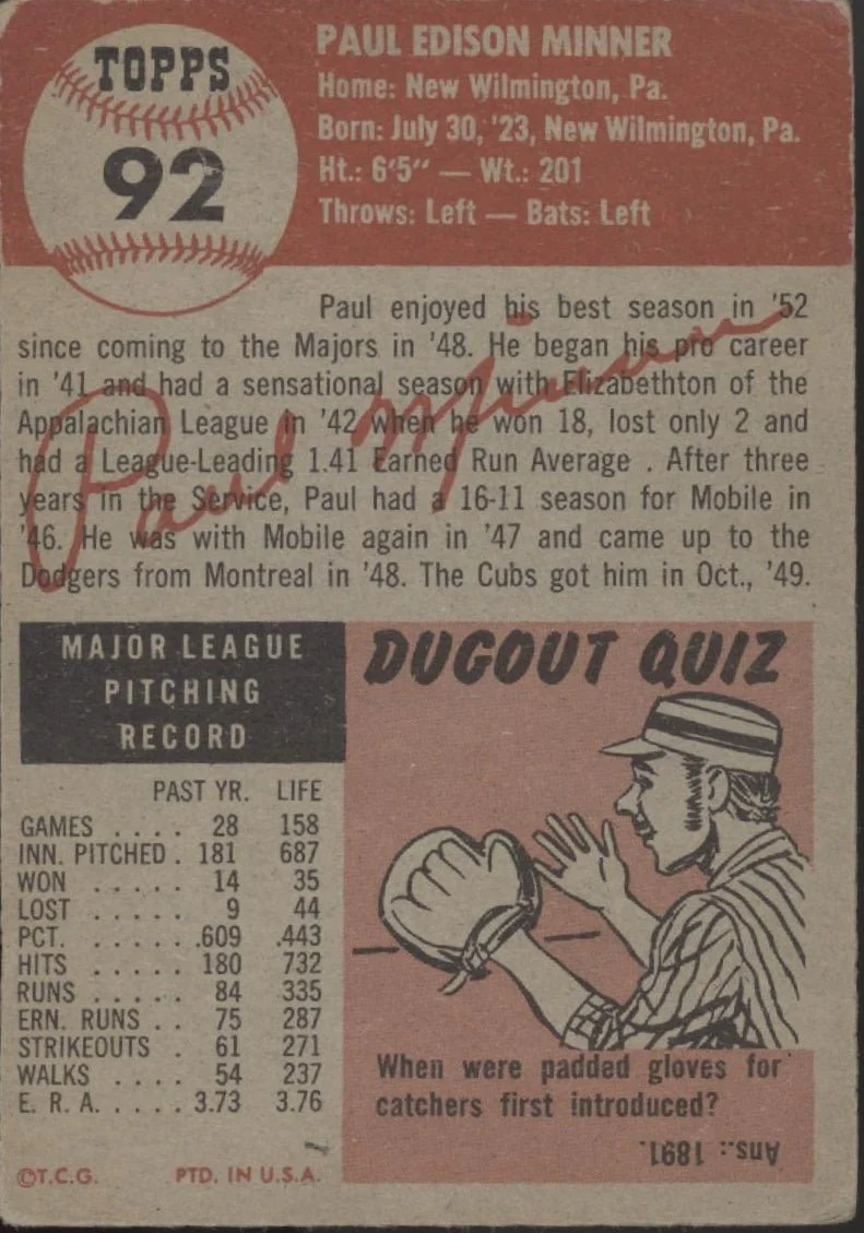 Paul Minner 1953 Topps #92 Chicago Cubs VG